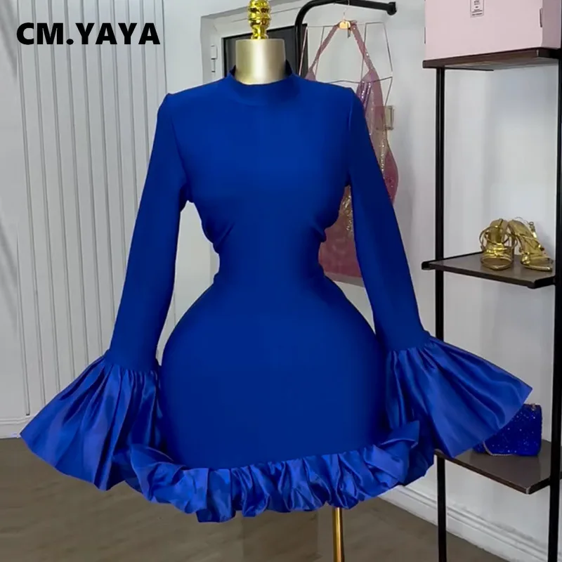 CM.YAYA Women O-neck Long Flare Sleeve Ruffles Mini Dress 2025 Spring Sweet Sexy Birthday Evening Night Party Vestidos Dresses