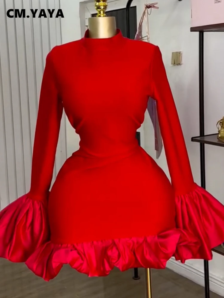 CM.YAYA Women O-neck Long Flare Sleeve Ruffles Mini Dress 2025 Spring Sweet Sexy Birthday Evening Night Party Vestidos Dresses