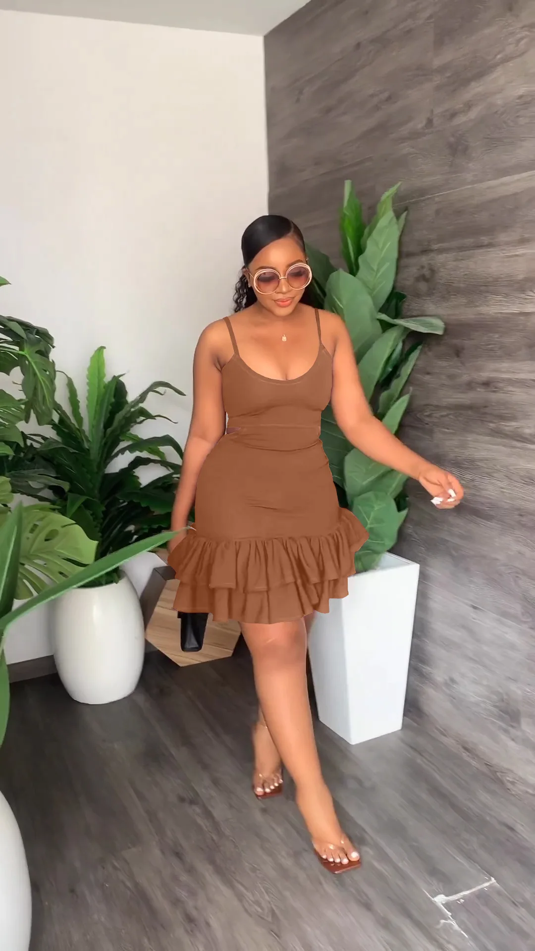 CM.YAYA Women Cascading Ruffles Hem Cutout Waist Spaghetti Strap Sleeveless Bodycon Midi Dress Evening Sexy Party Club Dresses CM.YAYA Women Cascading Ruffles Hem Cutout Waist Spaghetti Strap Sleeveless Bodycon Midi Dress Evening Sexy Party Club Dresses