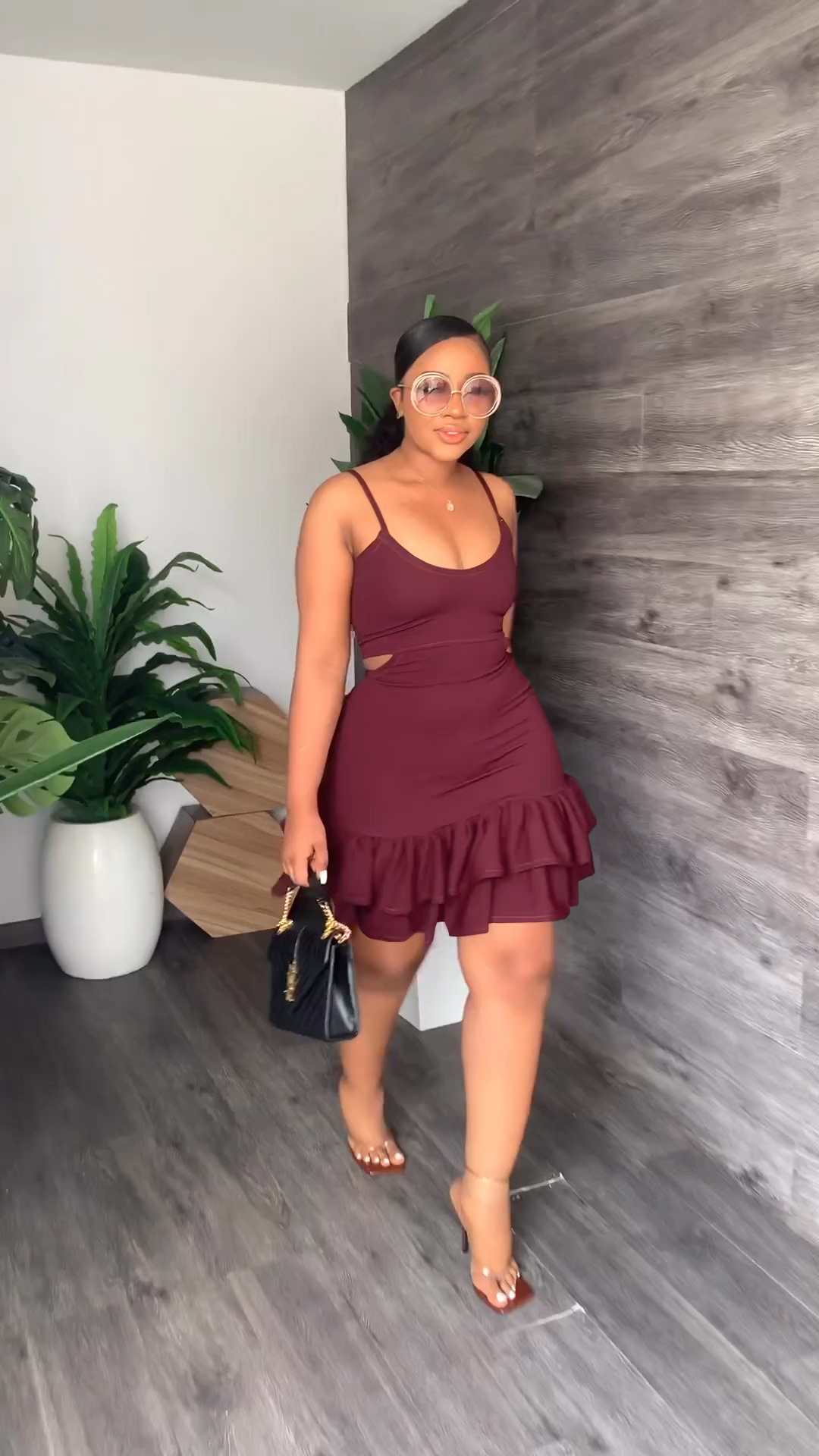 CM.YAYA Women Cascading Ruffles Hem Cutout Waist Spaghetti Strap Sleeveless Bodycon Midi Dress Evening Sexy Party Club Dresses CM.YAYA Women Cascading Ruffles Hem Cutout Waist Spaghetti Strap Sleeveless Bodycon Midi Dress Evening Sexy Party Club Dresses