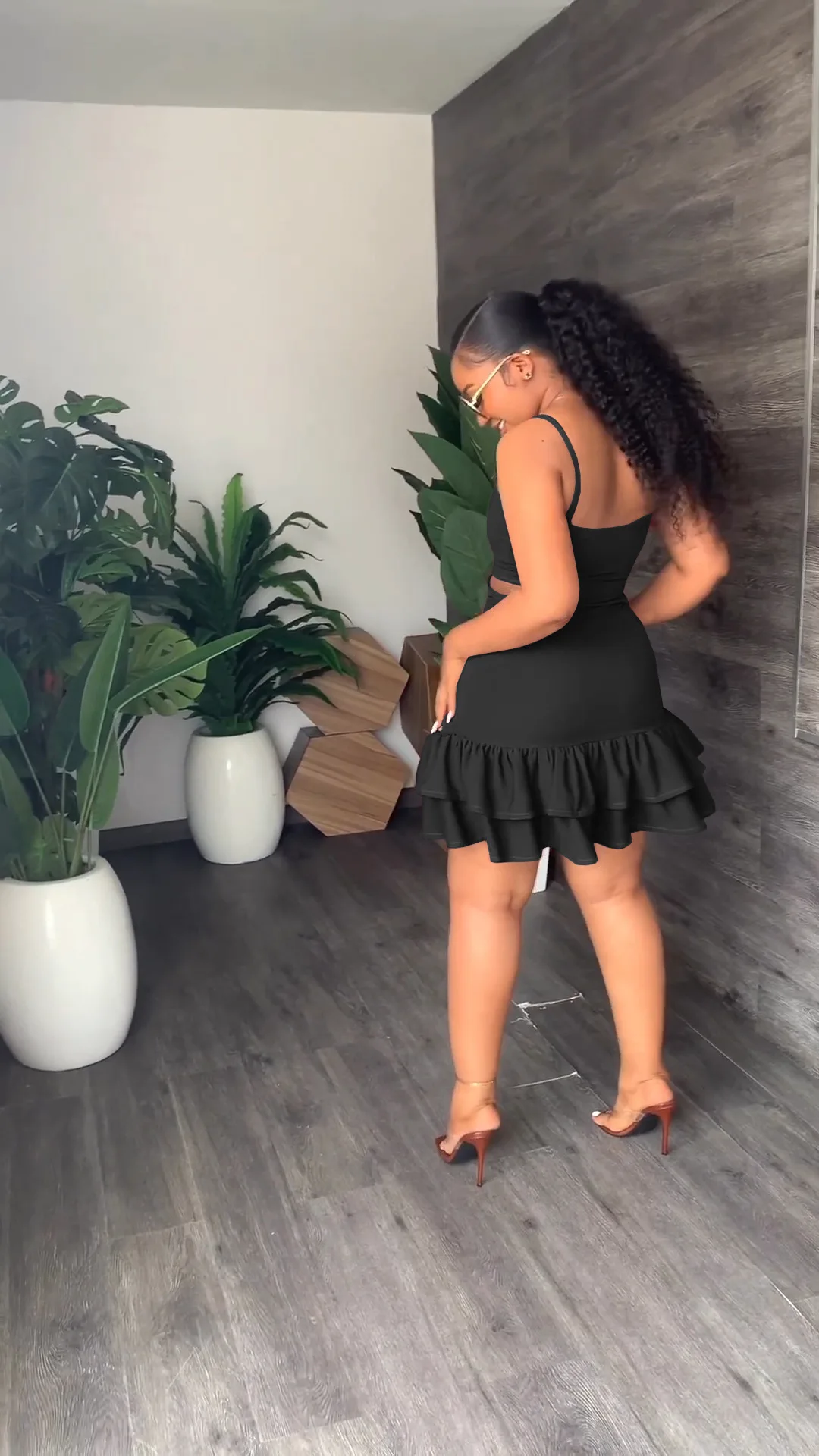 CM.YAYA Women Cascading Ruffles Hem Cutout Waist Spaghetti Strap Sleeveless Bodycon Midi Dress Evening Sexy Party Club Dresses CM.YAYA Women Cascading Ruffles Hem Cutout Waist Spaghetti Strap Sleeveless Bodycon Midi Dress Evening Sexy Party Club Dresses