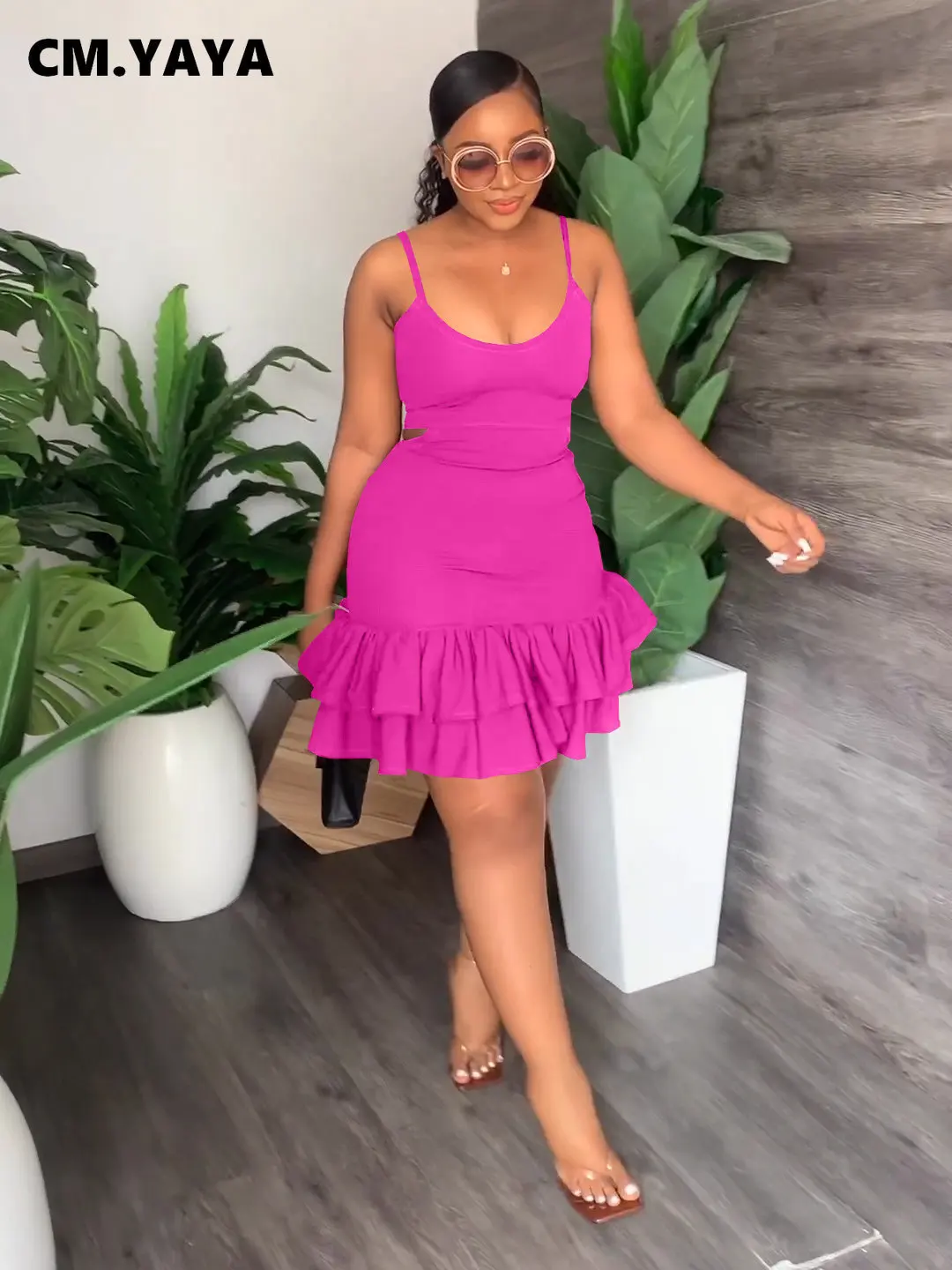 CM.YAYA Women Cascading Ruffles Hem Cutout Waist Spaghetti Strap Sleeveless Bodycon Midi Dress Evening Sexy Party Club Dresses CM.YAYA Women Cascading Ruffles Hem Cutout Waist Spaghetti Strap Sleeveless Bodycon Midi Dress Evening Sexy Party Club Dresses