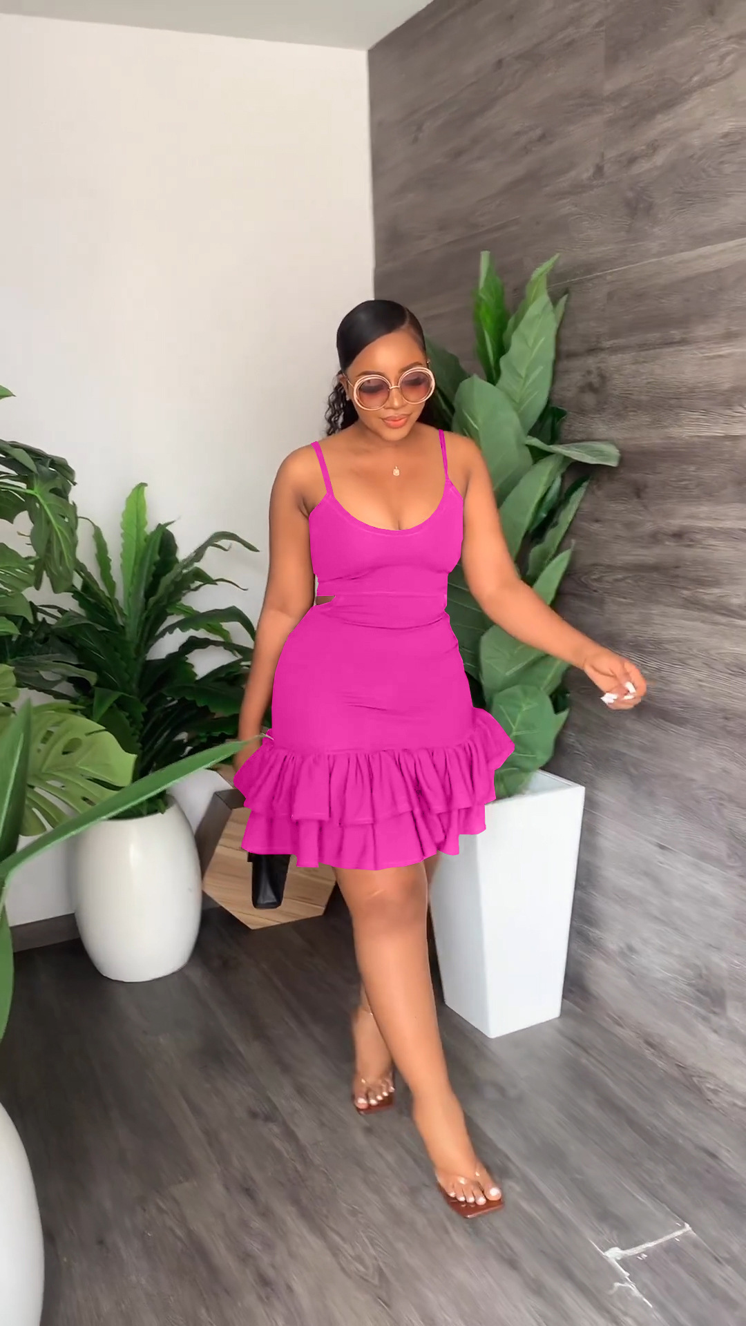 CM.YAYA Women Cascading Ruffles Hem Cutout Waist Spaghetti Strap Sleeveless Bodycon Midi Dress Evening Sexy Party Club Dresses CM.YAYA Women Cascading Ruffles Hem Cutout Waist Spaghetti Strap Sleeveless Bodycon Midi Dress Evening Sexy Party Club Dresses