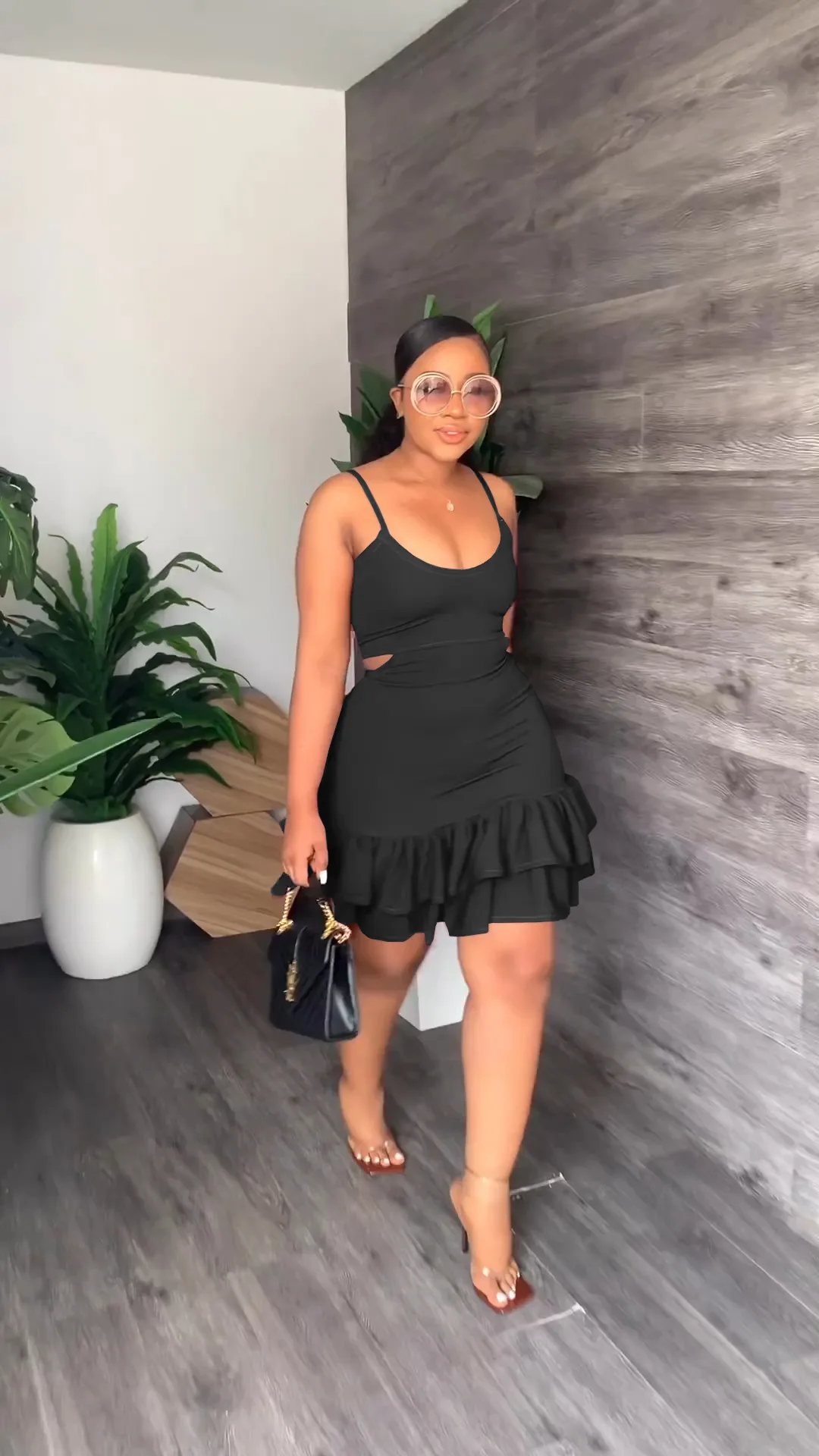 CM.YAYA Women Cascading Ruffles Hem Cutout Waist Spaghetti Strap Sleeveless Bodycon Midi Dress Evening Sexy Party Club Dresses CM.YAYA Women Cascading Ruffles Hem Cutout Waist Spaghetti Strap Sleeveless Bodycon Midi Dress Evening Sexy Party Club Dresses