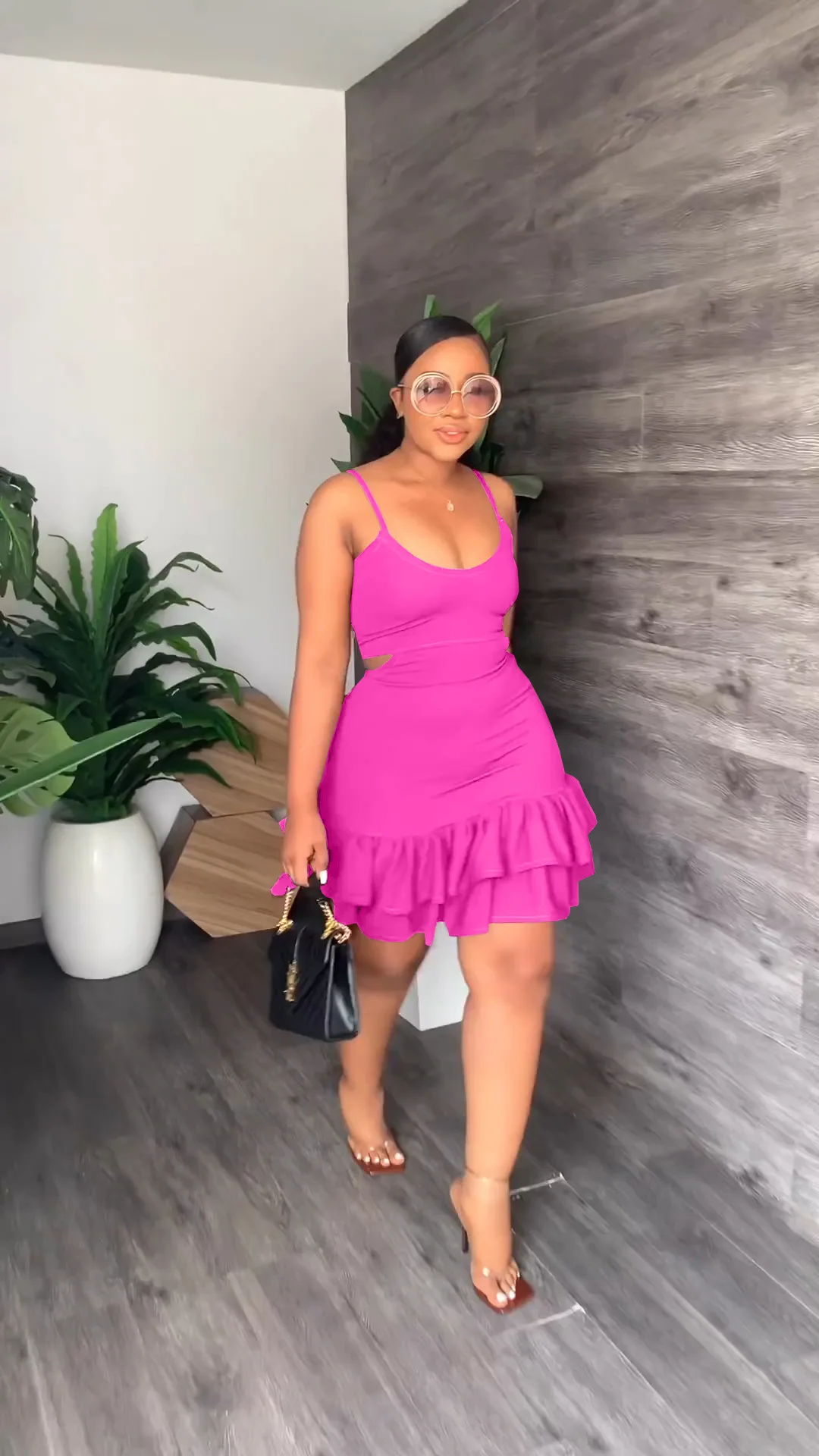 CM.YAYA Women Cascading Ruffles Hem Cutout Waist Spaghetti Strap Sleeveless Bodycon Midi Dress Evening Sexy Party Club Dresses CM.YAYA Women Cascading Ruffles Hem Cutout Waist Spaghetti Strap Sleeveless Bodycon Midi Dress Evening Sexy Party Club Dresses