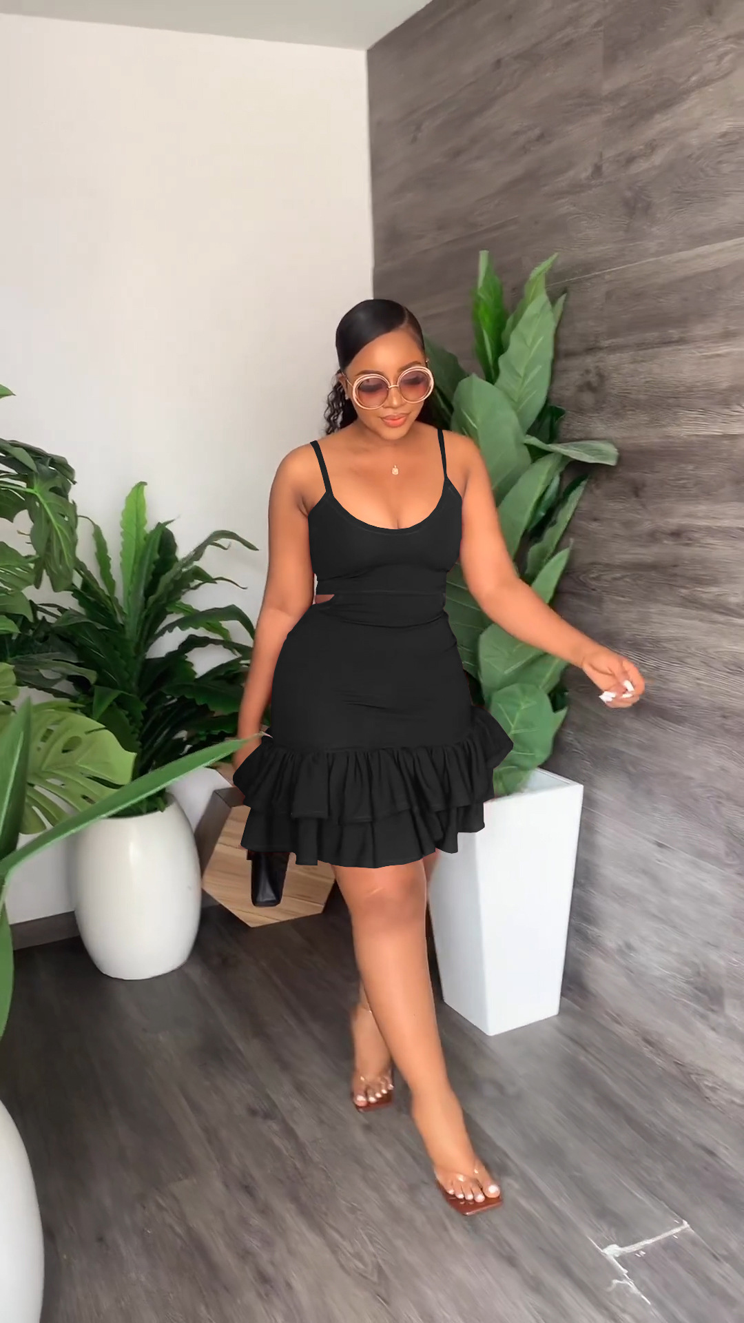 CM.YAYA Women Cascading Ruffles Hem Cutout Waist Spaghetti Strap Sleeveless Bodycon Midi Dress Evening Sexy Party Club Dresses CM.YAYA Women Cascading Ruffles Hem Cutout Waist Spaghetti Strap Sleeveless Bodycon Midi Dress Evening Sexy Party Club Dresses