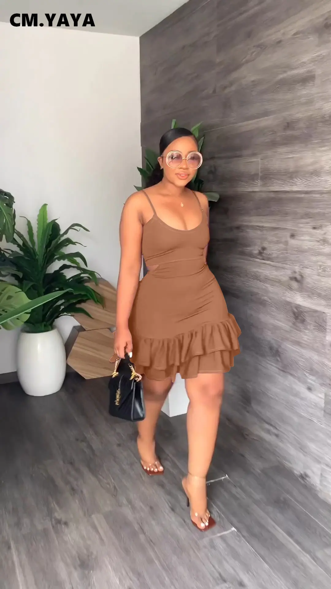 CM.YAYA Women Cascading Ruffles Hem Cutout Waist Spaghetti Strap Sleeveless Bodycon Midi Dress Evening Sexy Party Club Dresses CM.YAYA Women Cascading Ruffles Hem Cutout Waist Spaghetti Strap Sleeveless Bodycon Midi Dress Evening Sexy Party Club Dresses