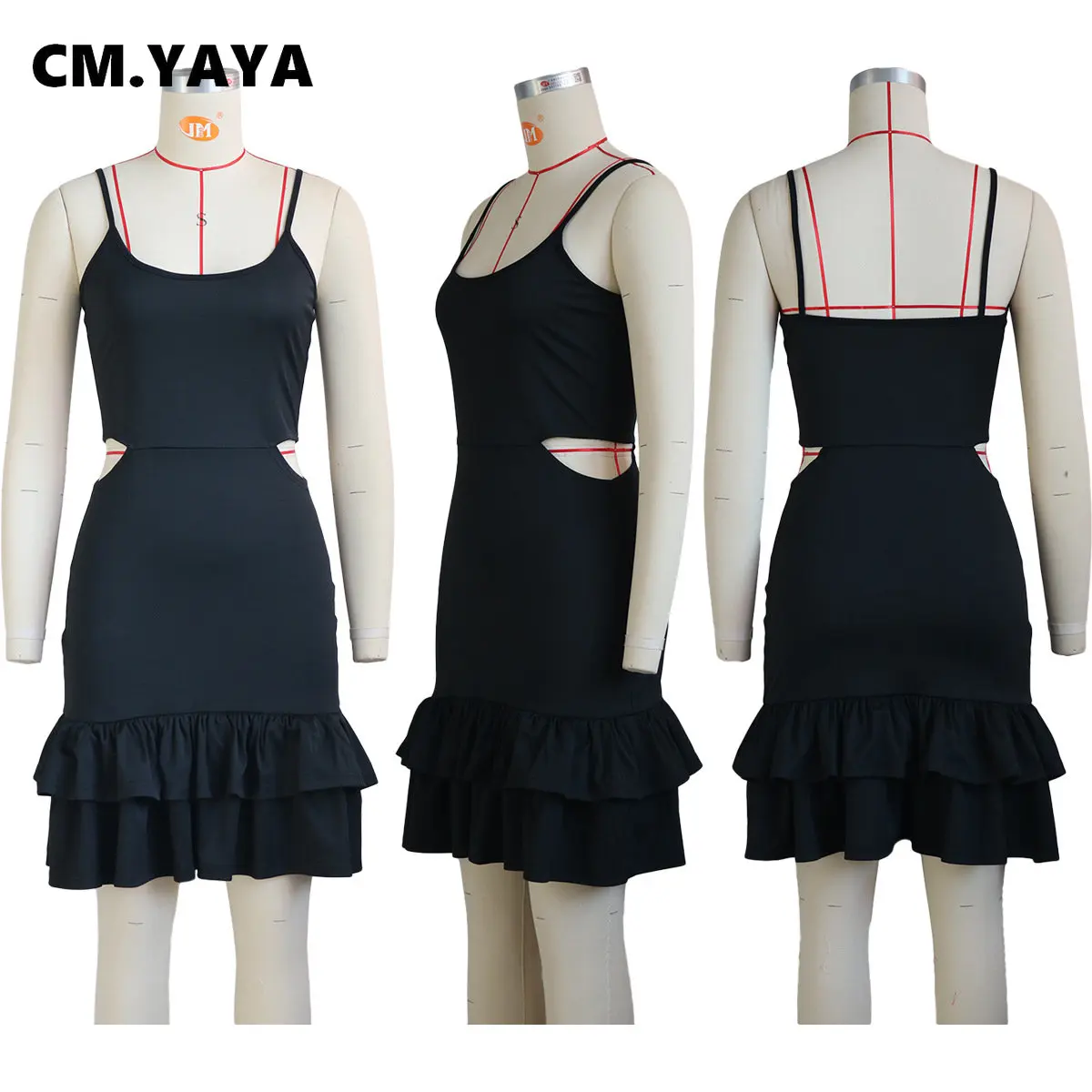 CM.YAYA Women Cascading Ruffles Hem Cutout Waist Spaghetti Strap Sleeveless Bodycon Midi Dress Evening Sexy Party Club Dresses CM.YAYA Women Cascading Ruffles Hem Cutout Waist Spaghetti Strap Sleeveless Bodycon Midi Dress Evening Sexy Party Club Dresses