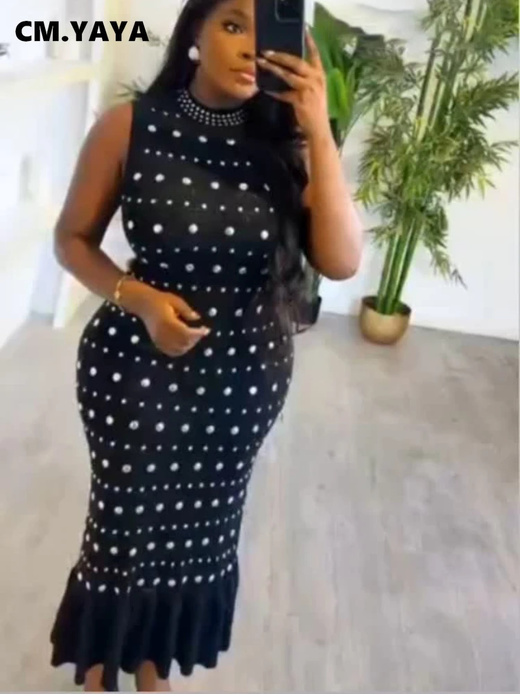CM.YAYA Women Diamonds Hot Rhinestones Bodycon Ruffles Long Dress Sleeveless Summer Birthday Night Party Vestido Sexy Dresses CM.YAYA Women Diamonds Hot Rhinestones Bodycon Ruffles Long Dress Sleeveless Summer Birthday Night Party Vestido Sexy Dresses