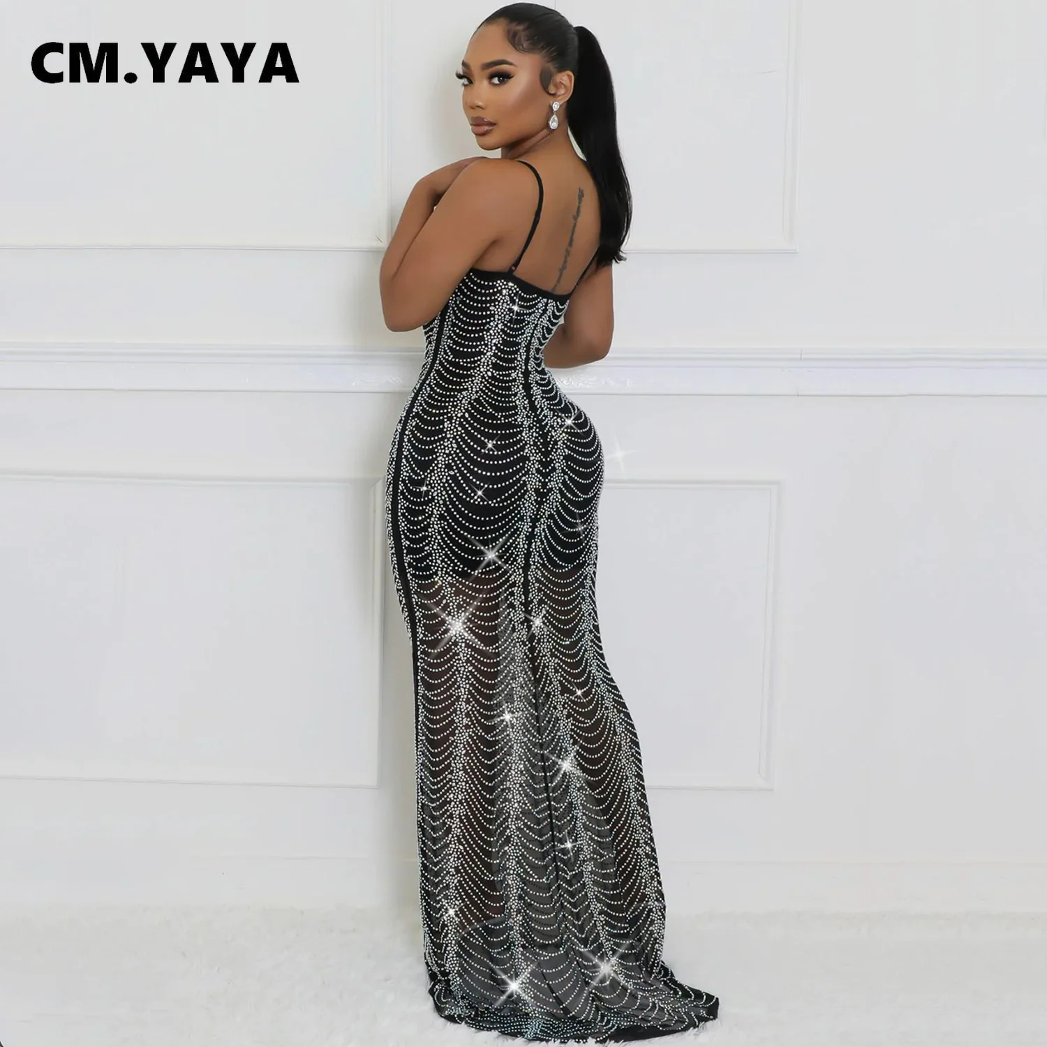 CM.YAYA Spring 2024 Sexy Mesh Rhinestone See Through Sleeveless V-Neck Sexy Birthday Evening Party Dress Long Strap Maxi Dresses