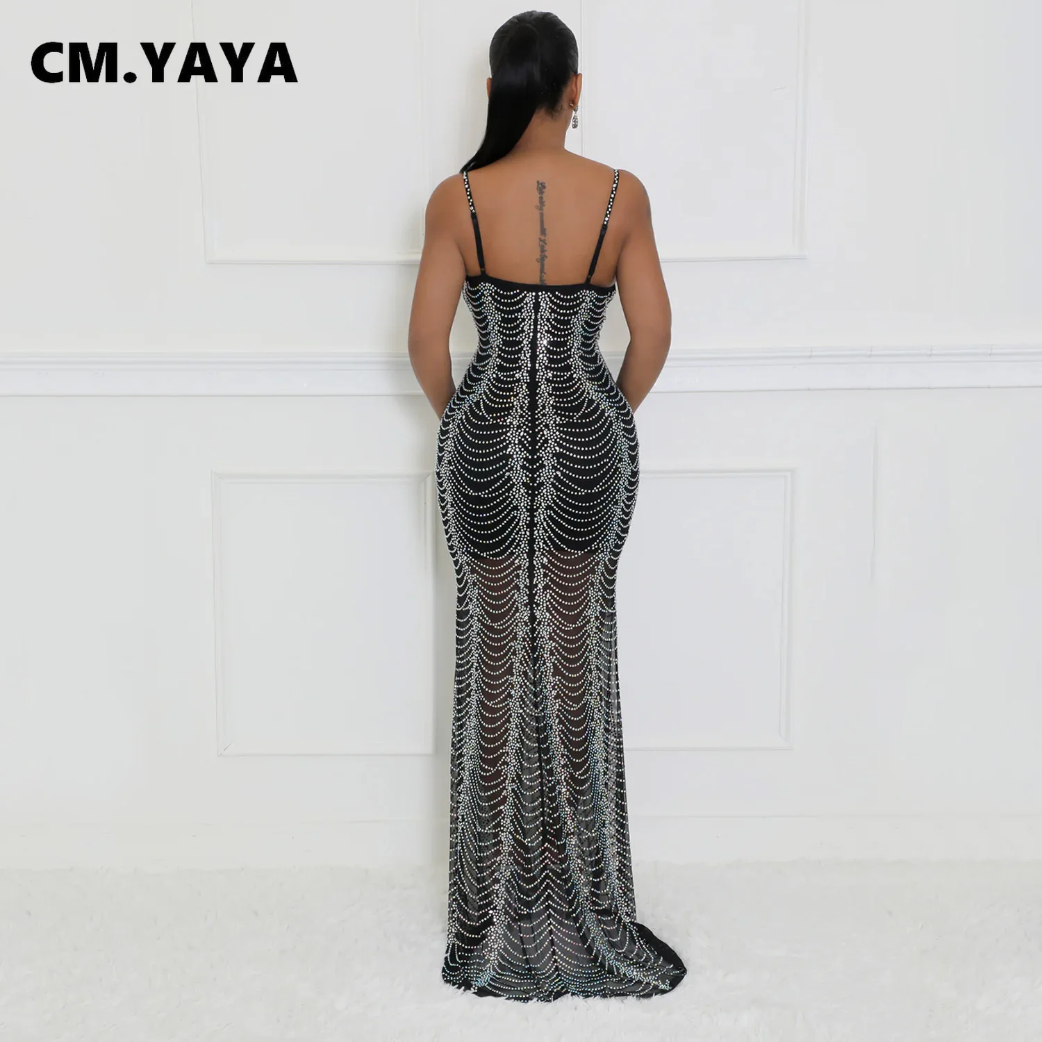 CM.YAYA Spring 2024 Sexy Mesh Rhinestone See Through Sleeveless V-Neck Sexy Birthday Evening Party Dress Long Strap Maxi Dresses