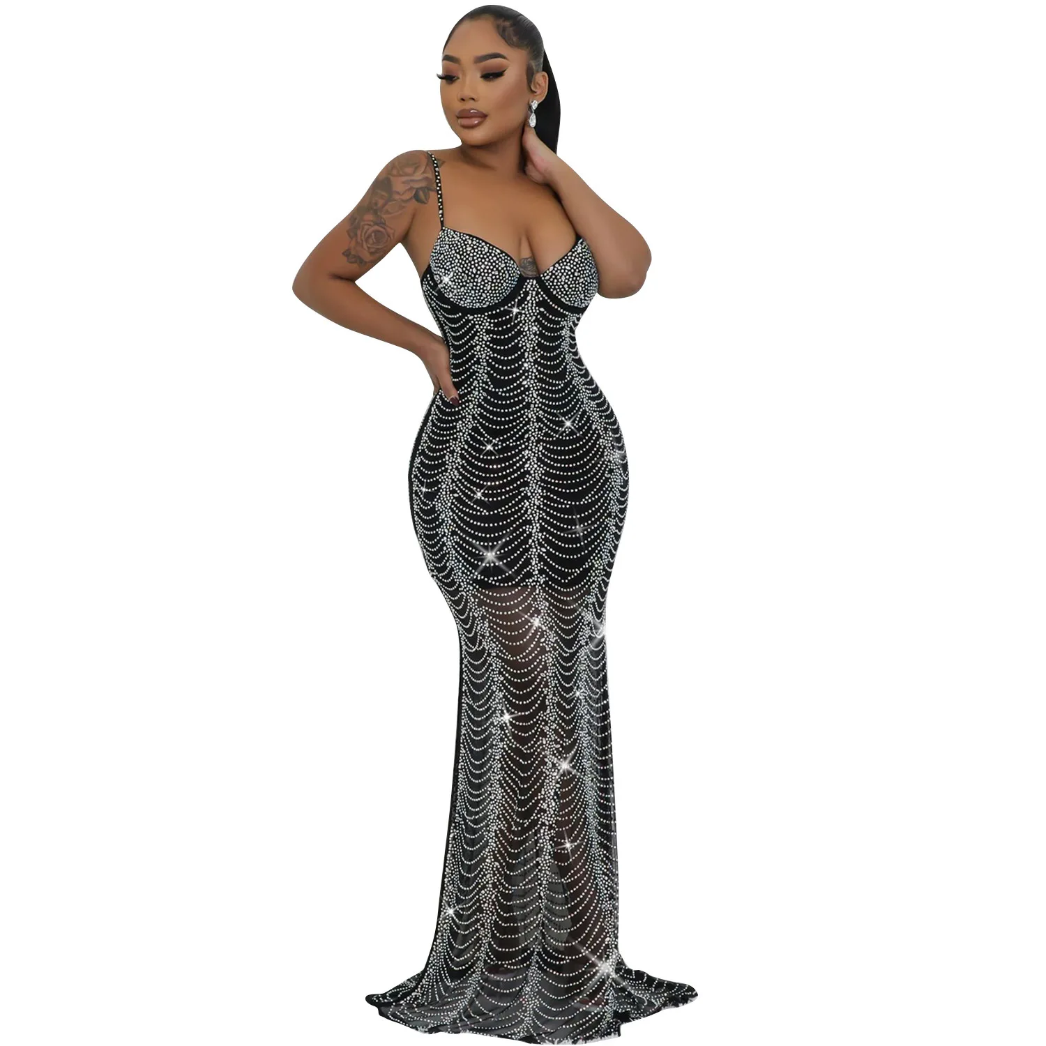 CM.YAYA Spring 2024 Sexy Mesh Rhinestone See Through Sleeveless V-Neck Sexy Birthday Evening Party Dress Long Strap Maxi Dresses CM.YAYA Spring 2024 Sexy Mesh Rhinestone See Through Sleeveless V-Neck Sexy Birthday Evening Party Dress Long Strap Maxi Dresses