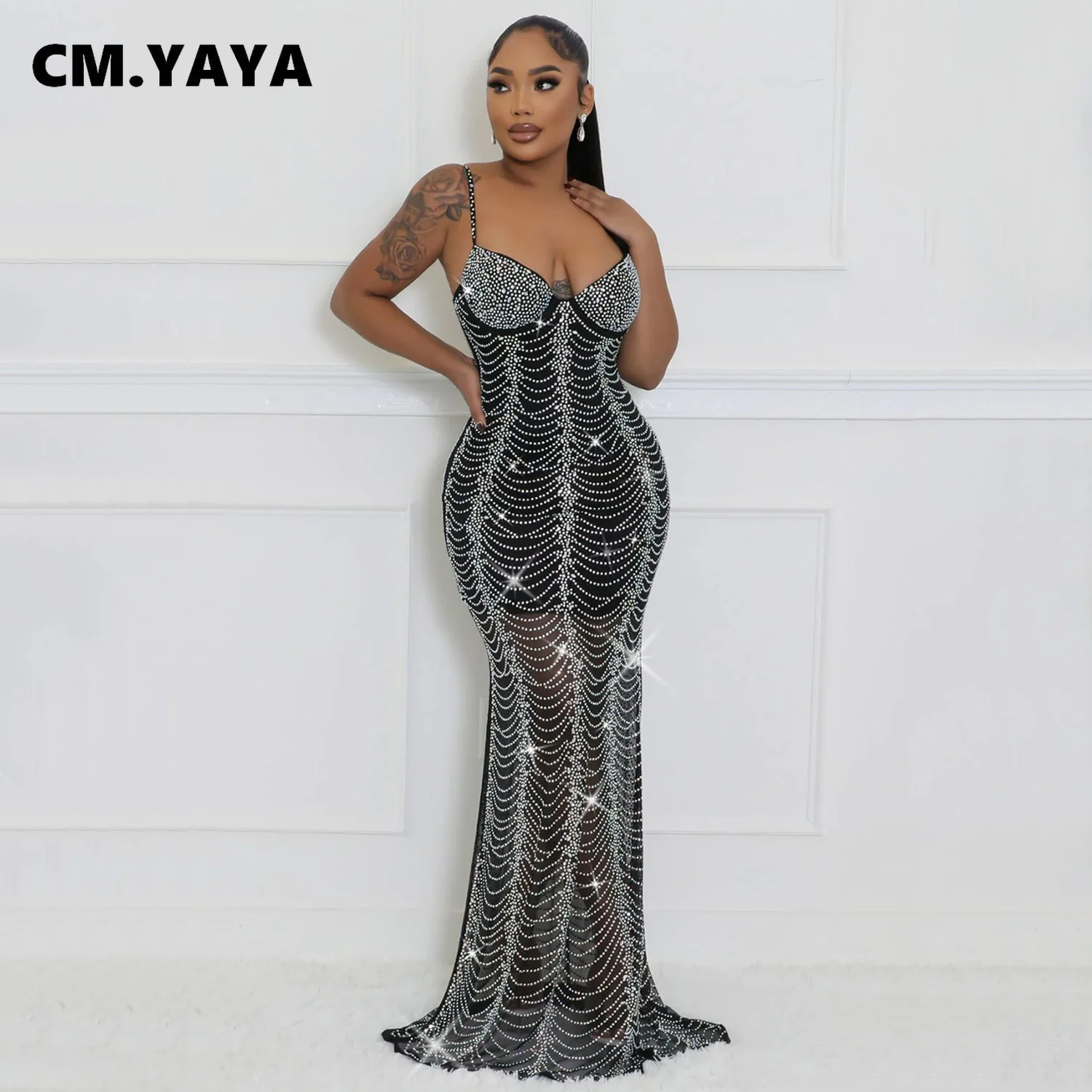 CM.YAYA Spring 2024 Sexy Mesh Rhinestone See Through Sleeveless V-Neck Sexy Birthday Evening Party Dress Long Strap Maxi Dresses