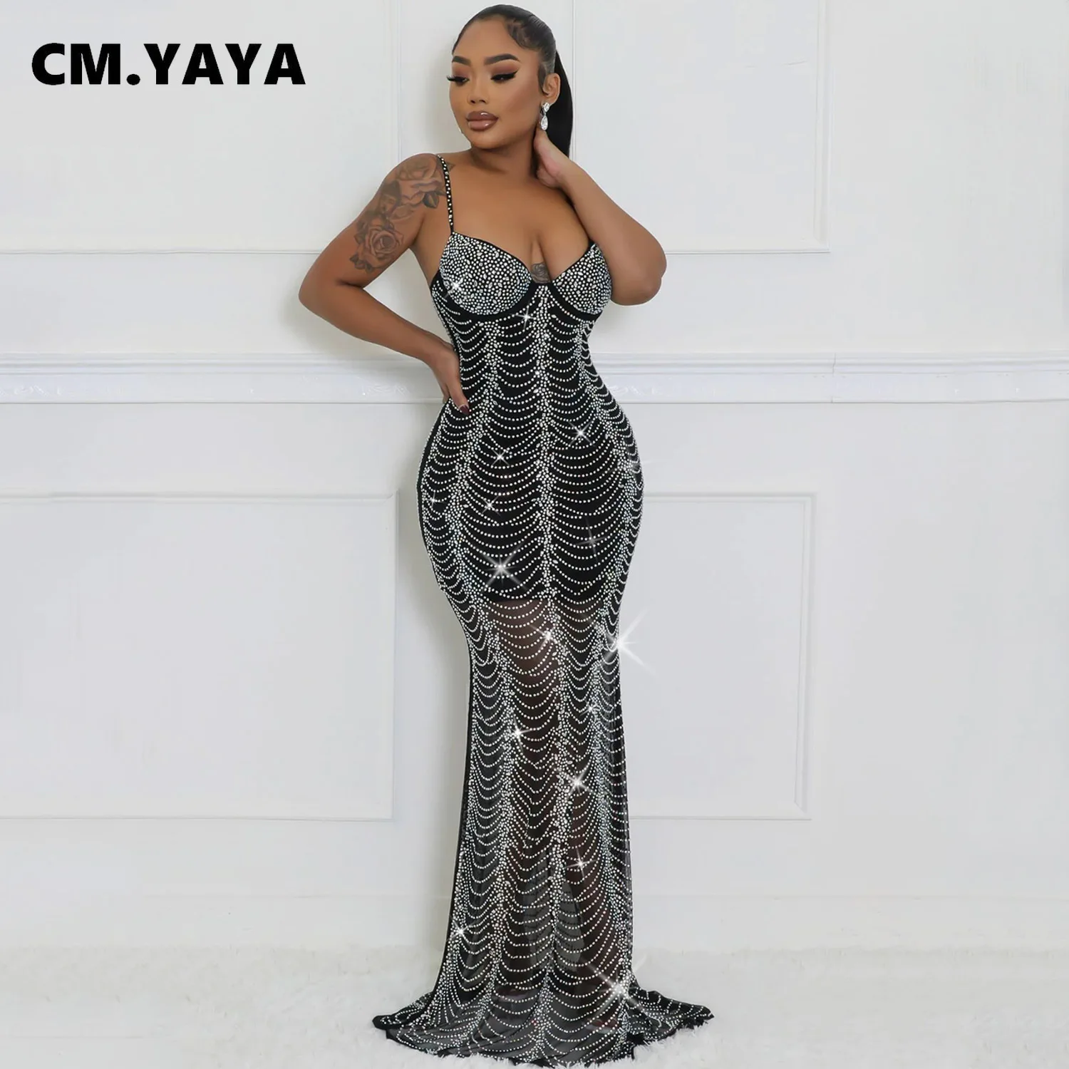 CM.YAYA Spring 2024 Sexy Mesh Rhinestone See Through Sleeveless V-Neck Sexy Birthday Evening Party Dress Long Strap Maxi Dresses