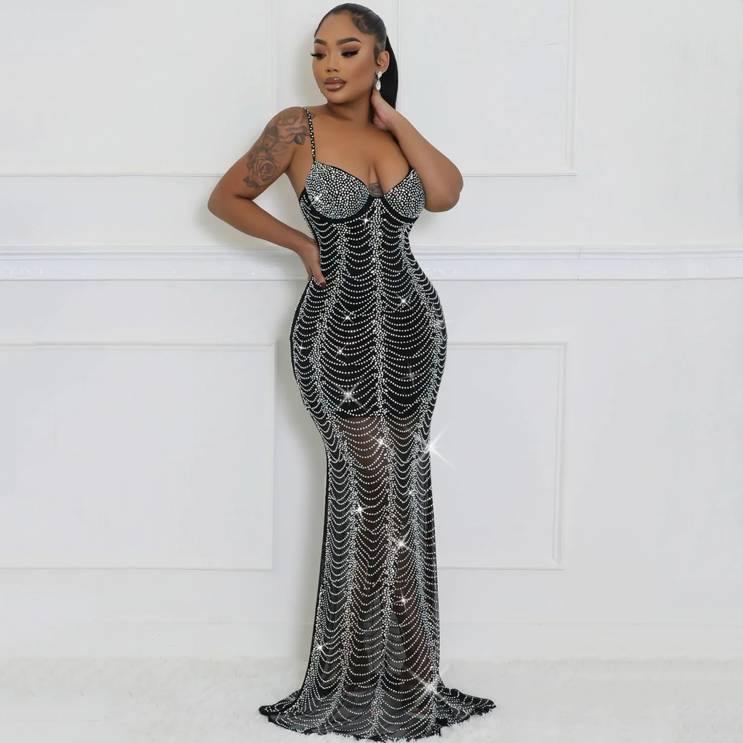 CM.YAYA Spring 2024 Sexy Mesh Rhinestone See Through Sleeveless V-Neck Sexy Birthday Evening Party Dress Long Strap Maxi Dresses CM.YAYA Spring 2024 Sexy Mesh Rhinestone See Through Sleeveless V-Neck Sexy Birthday Evening Party Dress Long Strap Maxi Dresses