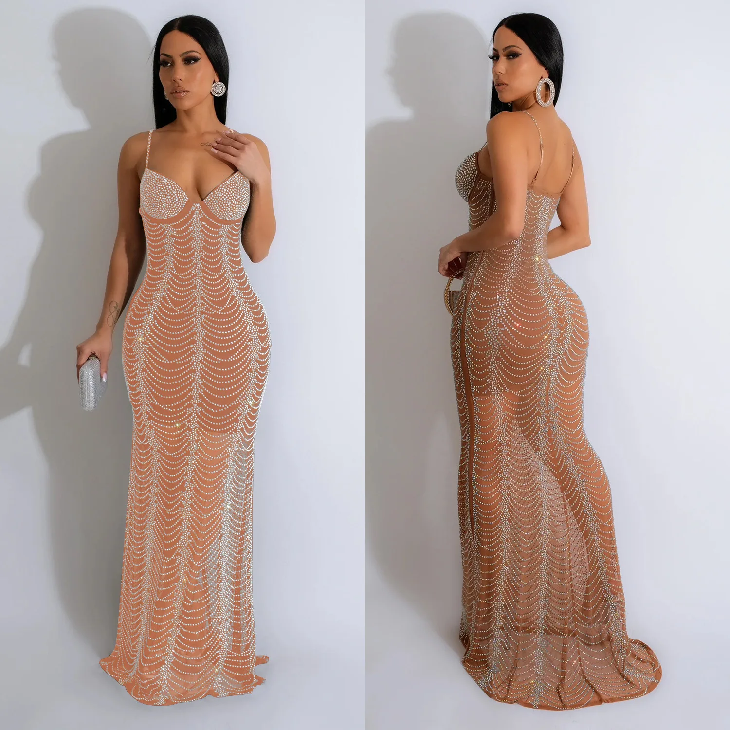 CM.YAYA Spring 2024 Sexy Mesh Rhinestone See Through Sleeveless V-Neck Sexy Birthday Evening Party Dress Long Strap Maxi Dresses