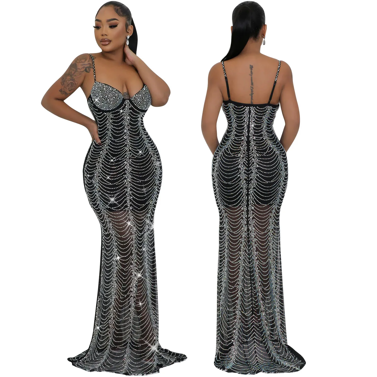 CM.YAYA Spring 2024 Sexy Mesh Rhinestone See Through Sleeveless V-Neck Sexy Birthday Evening Party Dress Long Strap Maxi Dresses CM.YAYA Spring 2024 Sexy Mesh Rhinestone See Through Sleeveless V-Neck Sexy Birthday Evening Party Dress Long Strap Maxi Dresses