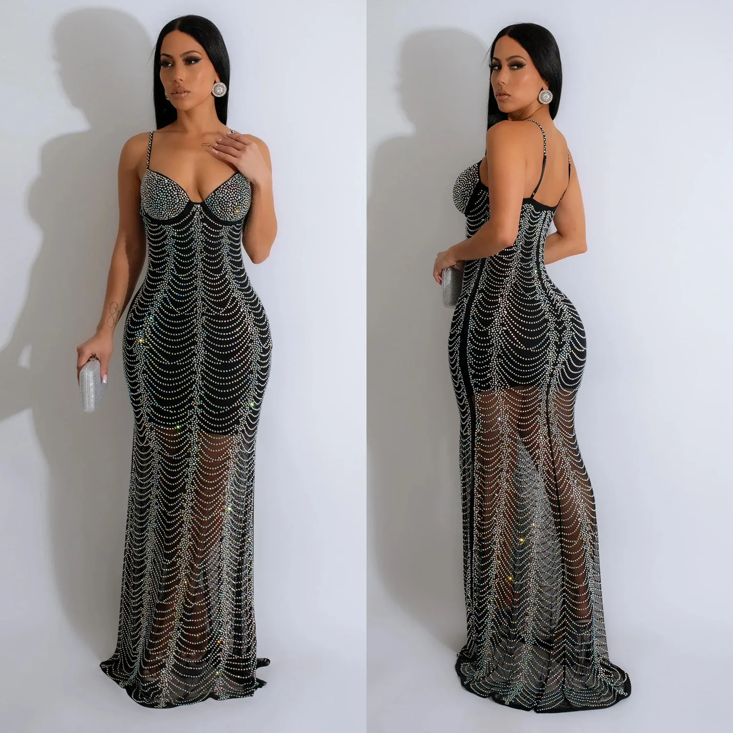 CM.YAYA Spring 2024 Sexy Mesh Rhinestone See Through Sleeveless V-Neck Sexy Birthday Evening Party Dress Long Strap Maxi Dresses CM.YAYA Spring 2024 Sexy Mesh Rhinestone See Through Sleeveless V-Neck Sexy Birthday Evening Party Dress Long Strap Maxi Dresses