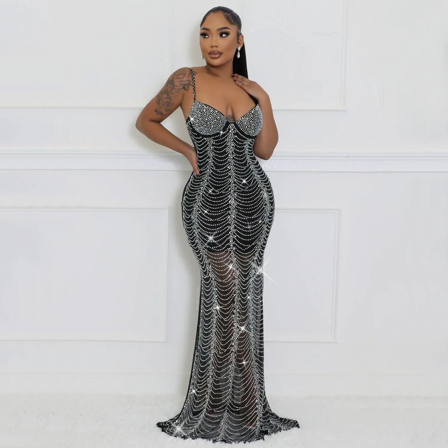 CM.YAYA Spring 2024 Sexy Mesh Rhinestone See Through Sleeveless V-Neck Sexy Birthday Evening Party Dress Long Strap Maxi Dresses CM.YAYA Spring 2024 Sexy Mesh Rhinestone See Through Sleeveless V-Neck Sexy Birthday Evening Party Dress Long Strap Maxi Dresses