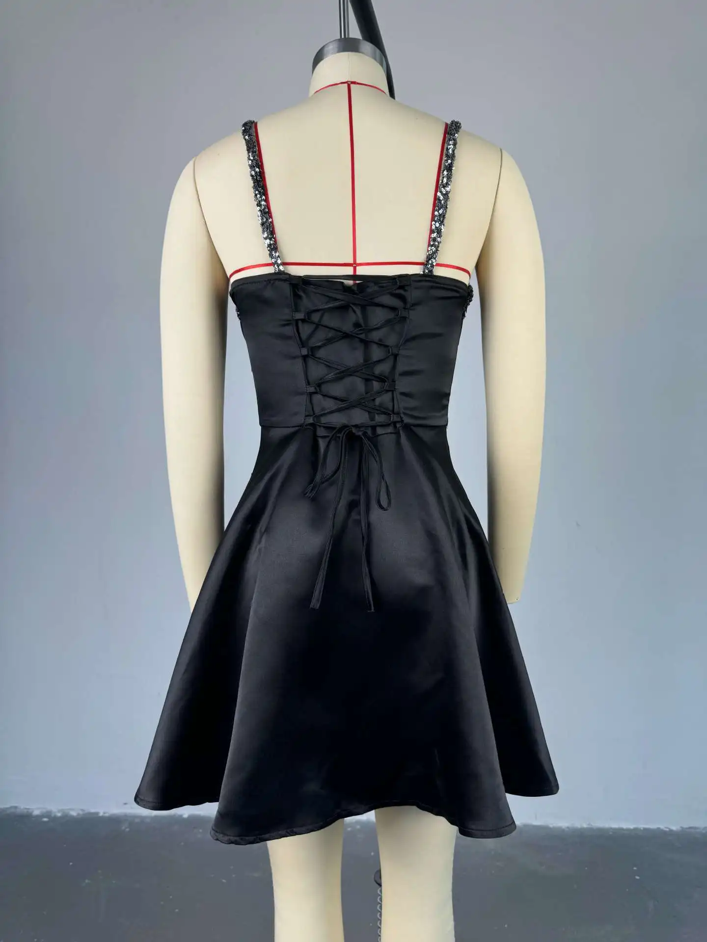 CM.YAYA Women Sequined Splicing Spaghetti Strap Lace Up Back High Waist Big Swing Dress 2025 Evening Sexy Party Dresses Vestidos