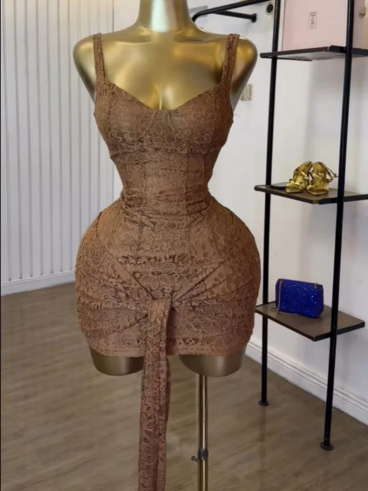 GLCMYAYA Street Women Lace Bowknot Front V-neck Sleeveless Bodycon Midi Mini Dress 2025 Fall Vacation Sexy Even Dresses Vestidos