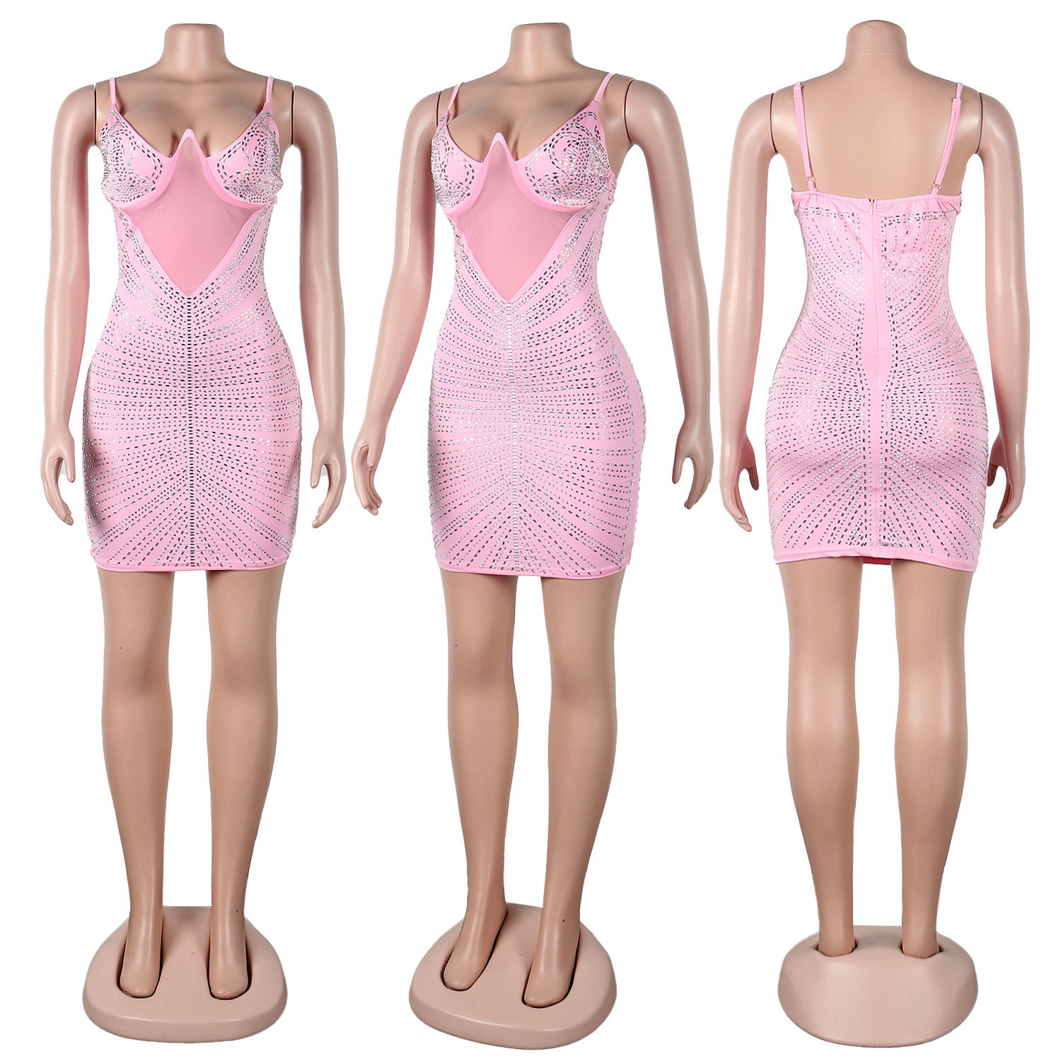 CM.YAYA Women Rhinestones Hot Drilling Mesh See Though Patchwork Midi Mini Dress Crystal Party Dresses Night Out Robes Vestidos