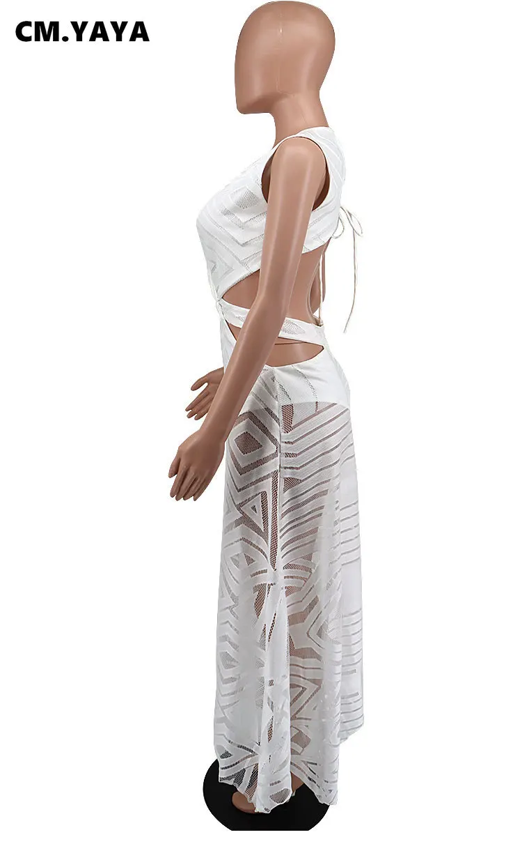 CM.YAYA Women Long Dress Solid Hollow Out Bandage A-line Dresses Cleavage Sexy Night Club Party Vestidos Fashion Outfit Summer