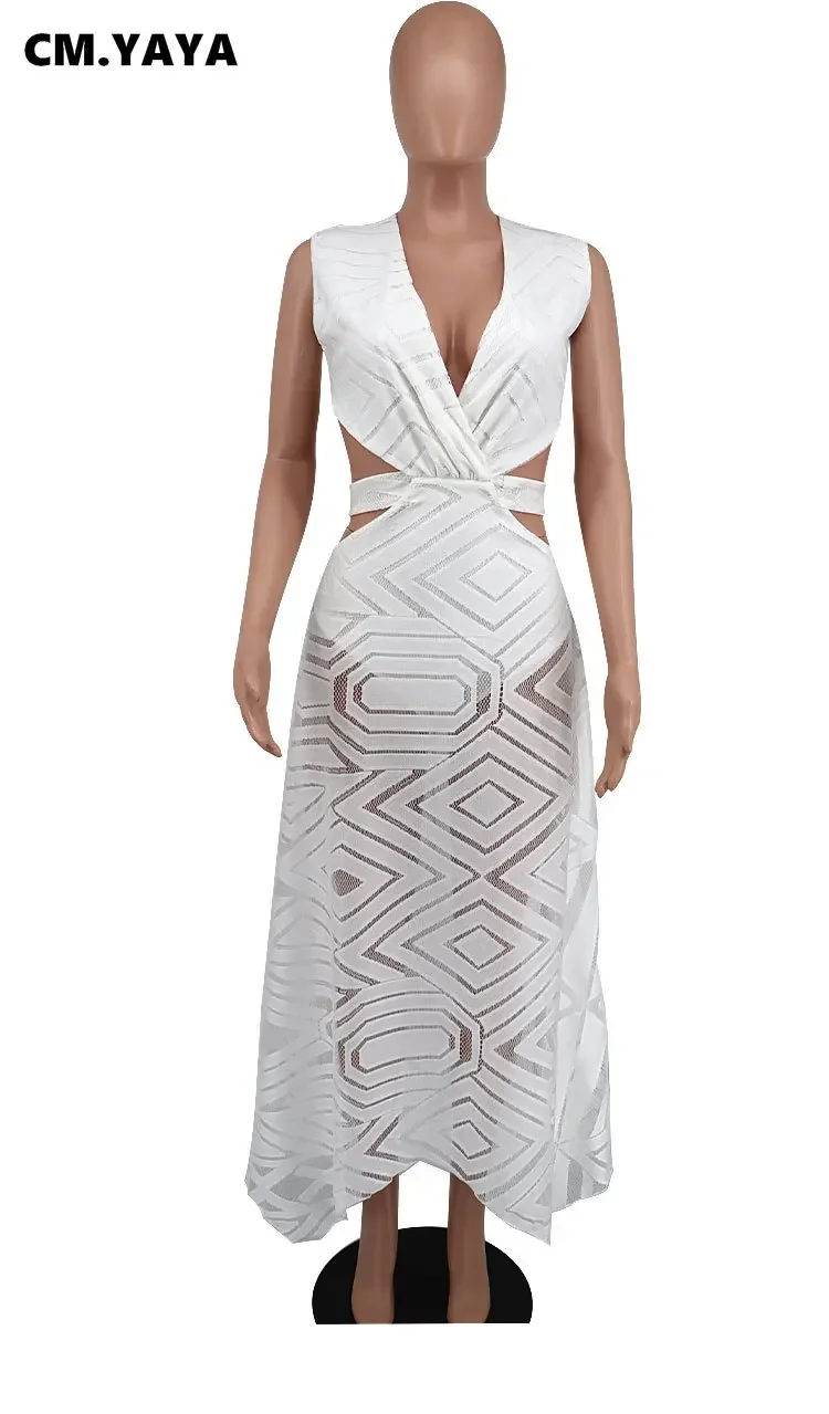 CM.YAYA Women Long Dress Solid Hollow Out Bandage A-line Dresses Cleavage Sexy Night Club Party Vestidos Fashion Outfit Summer