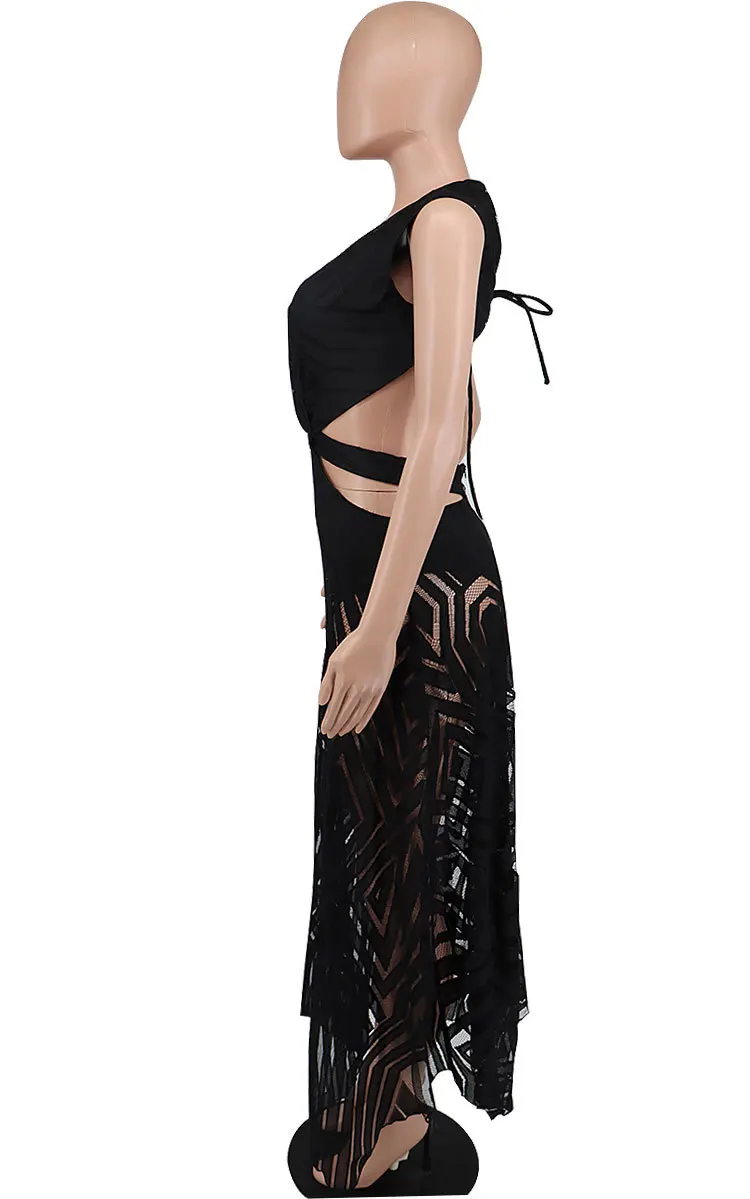 CM.YAYA Women Long Dress Solid Hollow Out Bandage A-line Dresses Cleavage Sexy Night Club Party Vestidos Fashion Outfit Summer