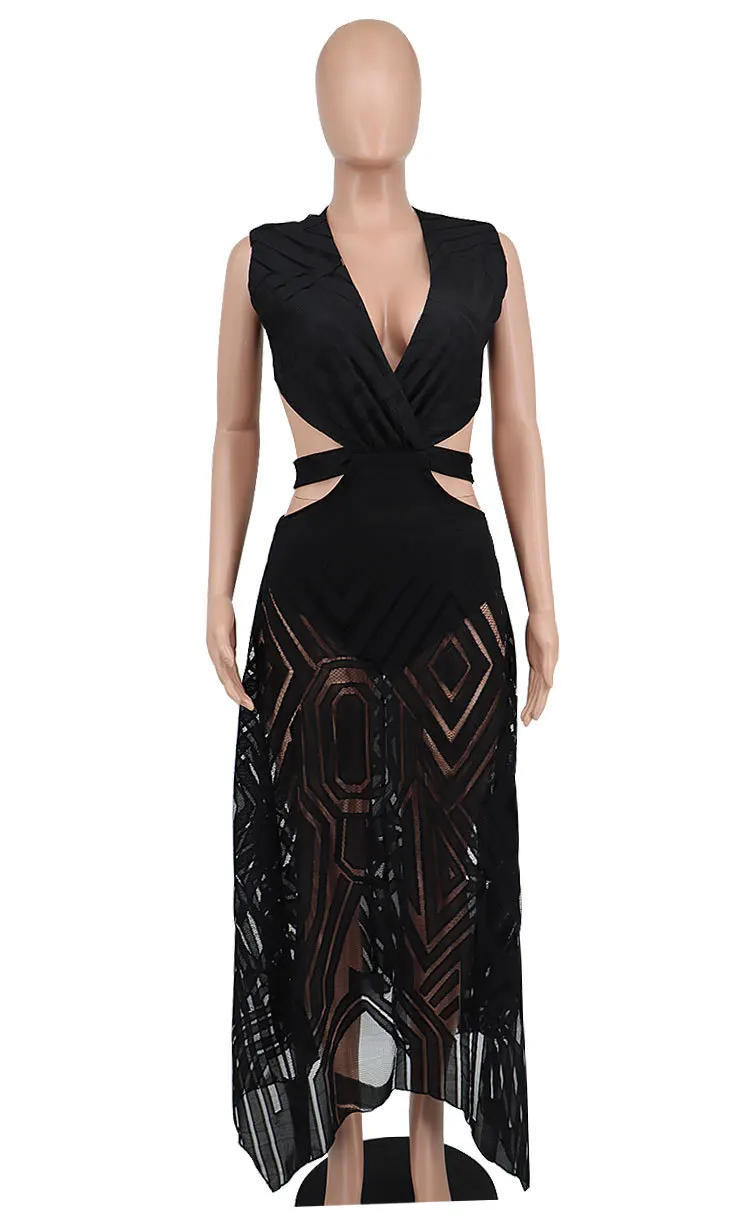 CM.YAYA Women Long Dress Solid Hollow Out Bandage A-line Dresses Cleavage Sexy Night Club Party Vestidos Fashion Outfit Summer