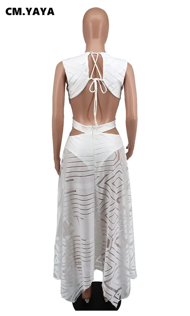 CM.YAYA Women Long Dress Solid Hollow Out Bandage A-line Dresses Cleavage Sexy Night Club Party Vestidos Fashion Outfit Summer