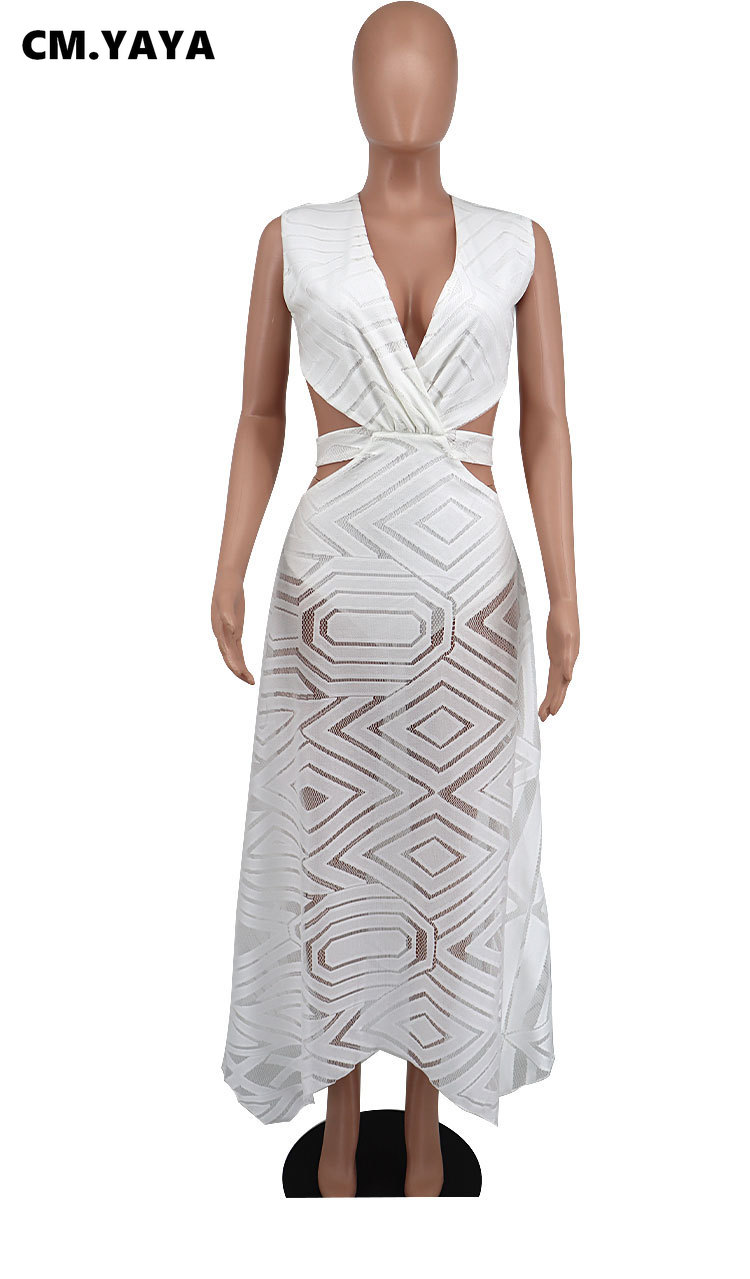 CM.YAYA Women Long Dress Solid Hollow Out Bandage A-line Dresses Cleavage Sexy Night Club Party Vestidos Fashion Outfit Summer