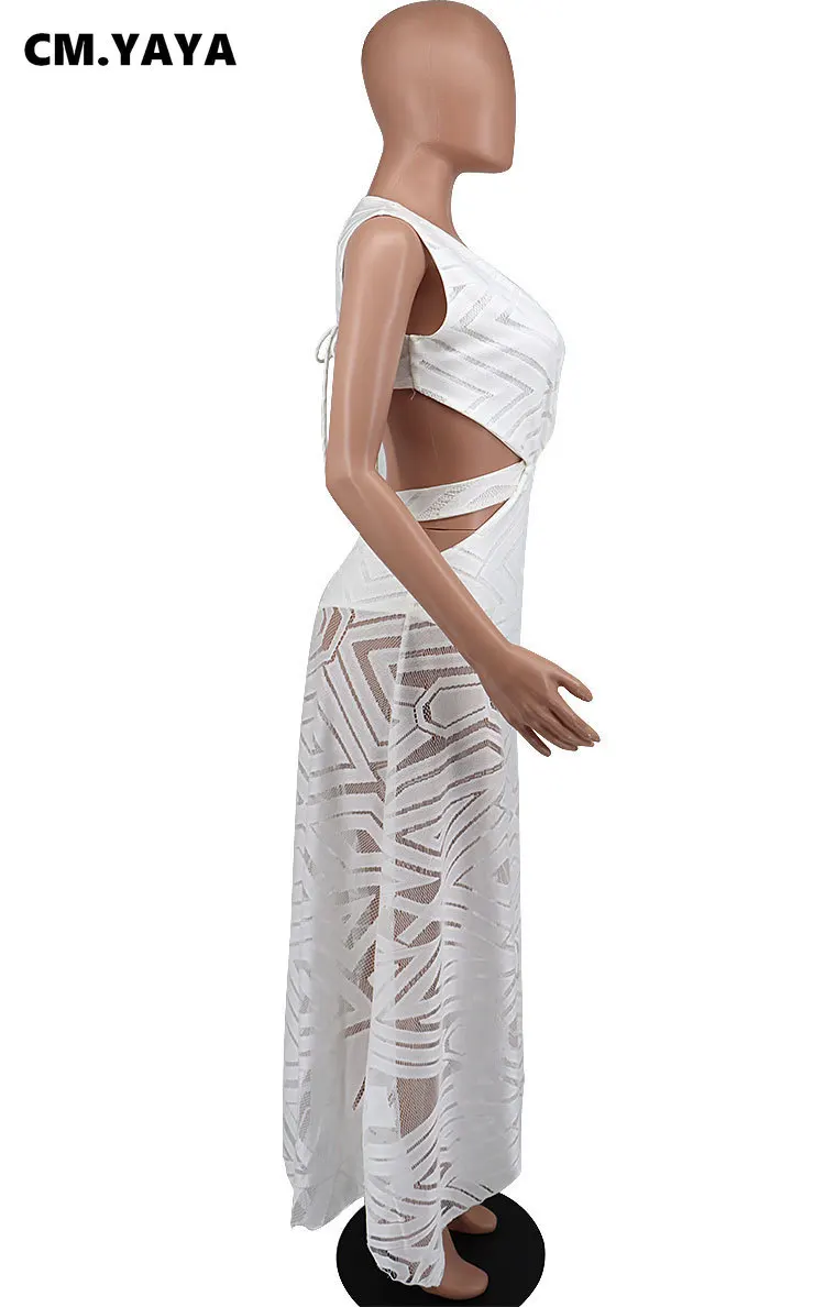 CM.YAYA Women Long Dress Solid Hollow Out Bandage A-line Dresses Cleavage Sexy Night Club Party Vestidos Fashion Outfit Summer