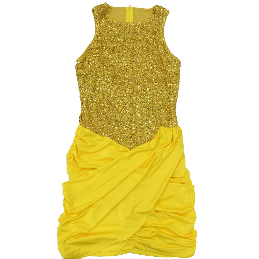 CM.YAYA 2024 Summer Sequined Sleeveless Women Dress Sexy Party Street Club O-Neck Mini Dresses Ruched Evening Bodycon Vestidos