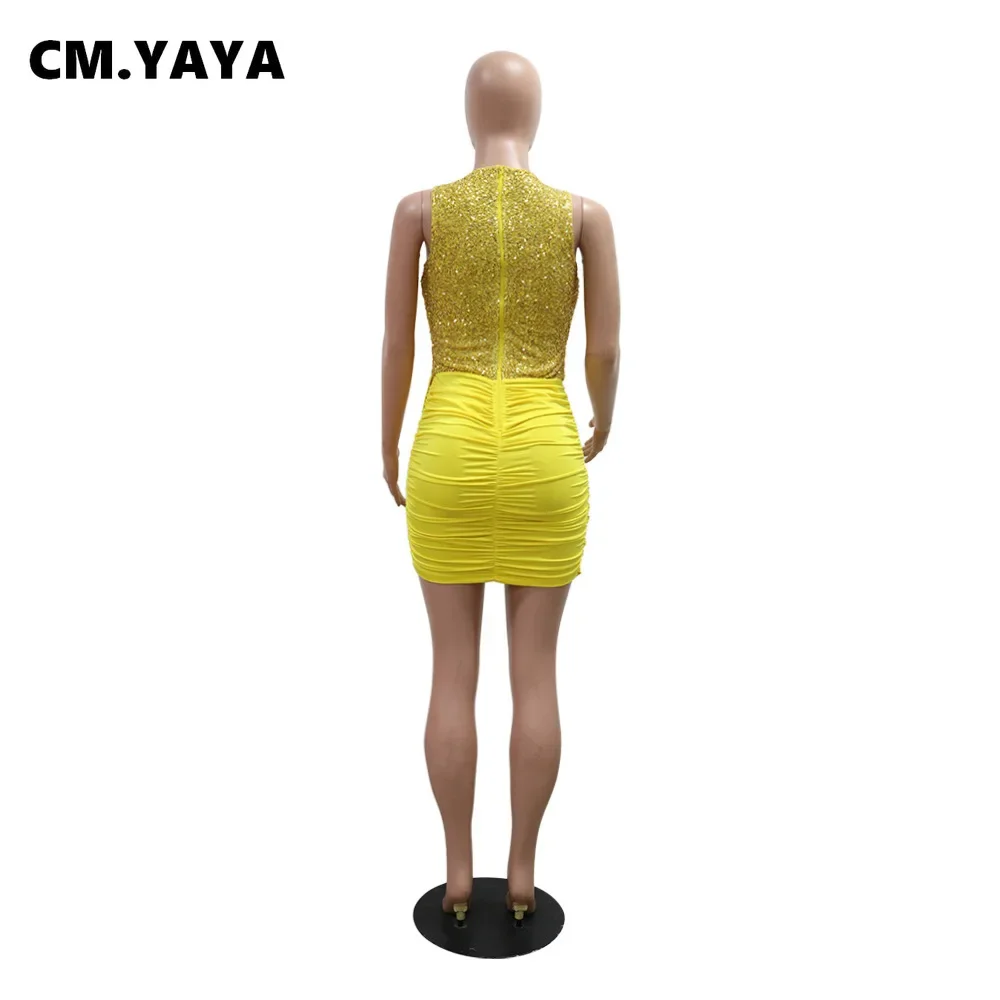 CM.YAYA 2024 Summer Sequined Sleeveless Women Dress Sexy Party Street Club O-Neck Mini Dresses Ruched Evening Bodycon Vestidos