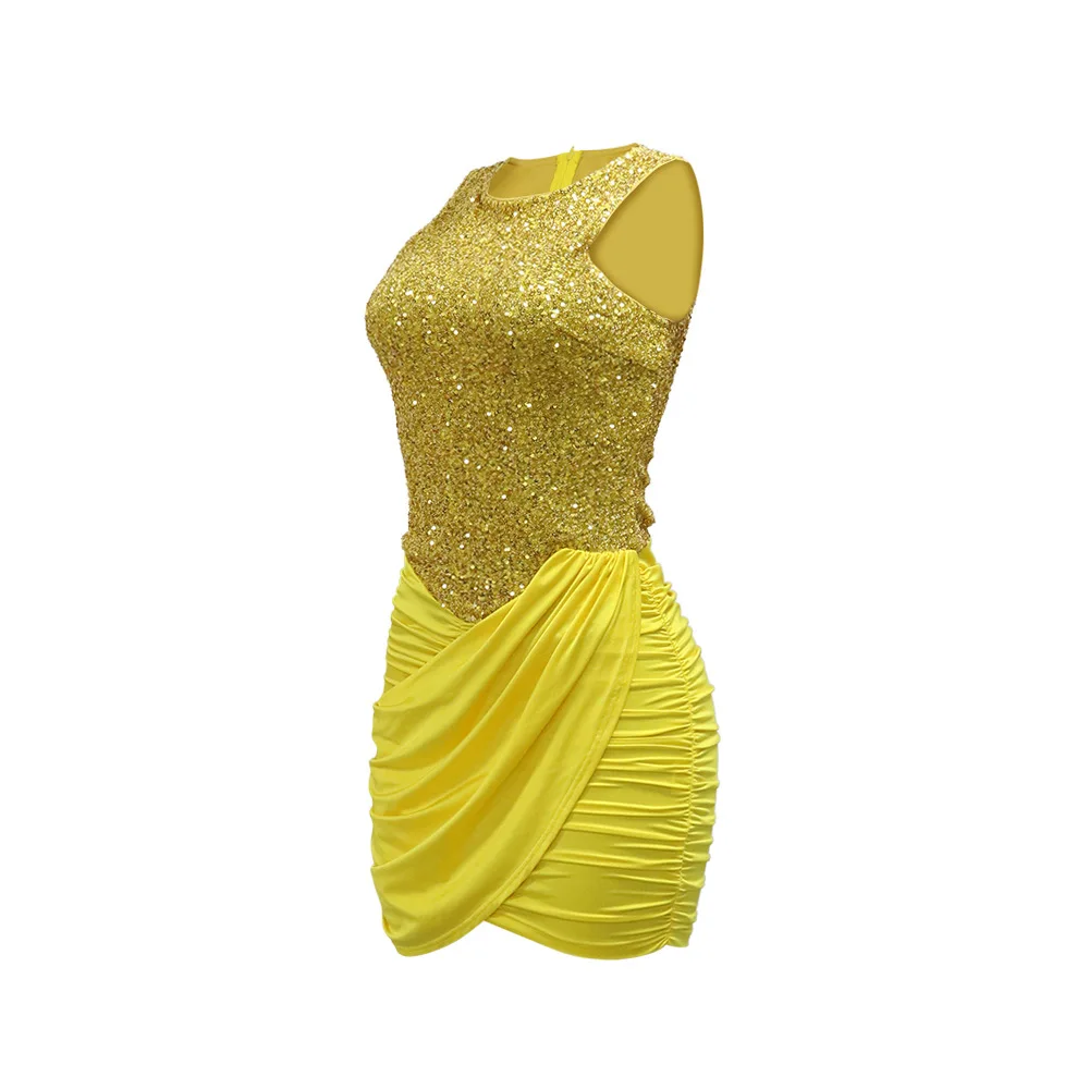 CM.YAYA 2024 Summer Sequined Sleeveless Women Dress Sexy Party Street Club O-Neck Mini Dresses Ruched Evening Bodycon Vestidos