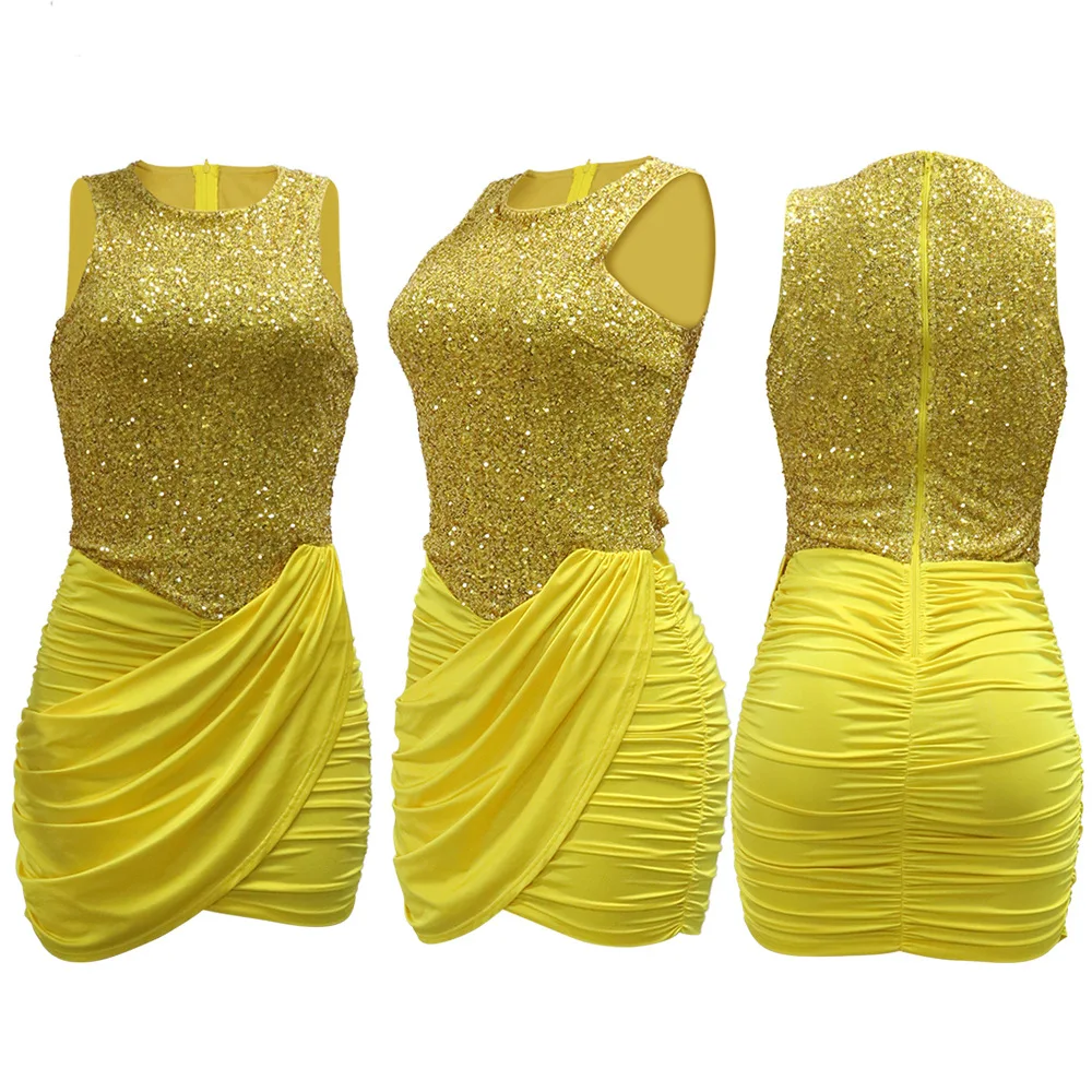 CM.YAYA 2024 Summer Sequined Sleeveless Women Dress Sexy Party Street Club O-Neck Mini Dresses Ruched Evening Bodycon Vestidos