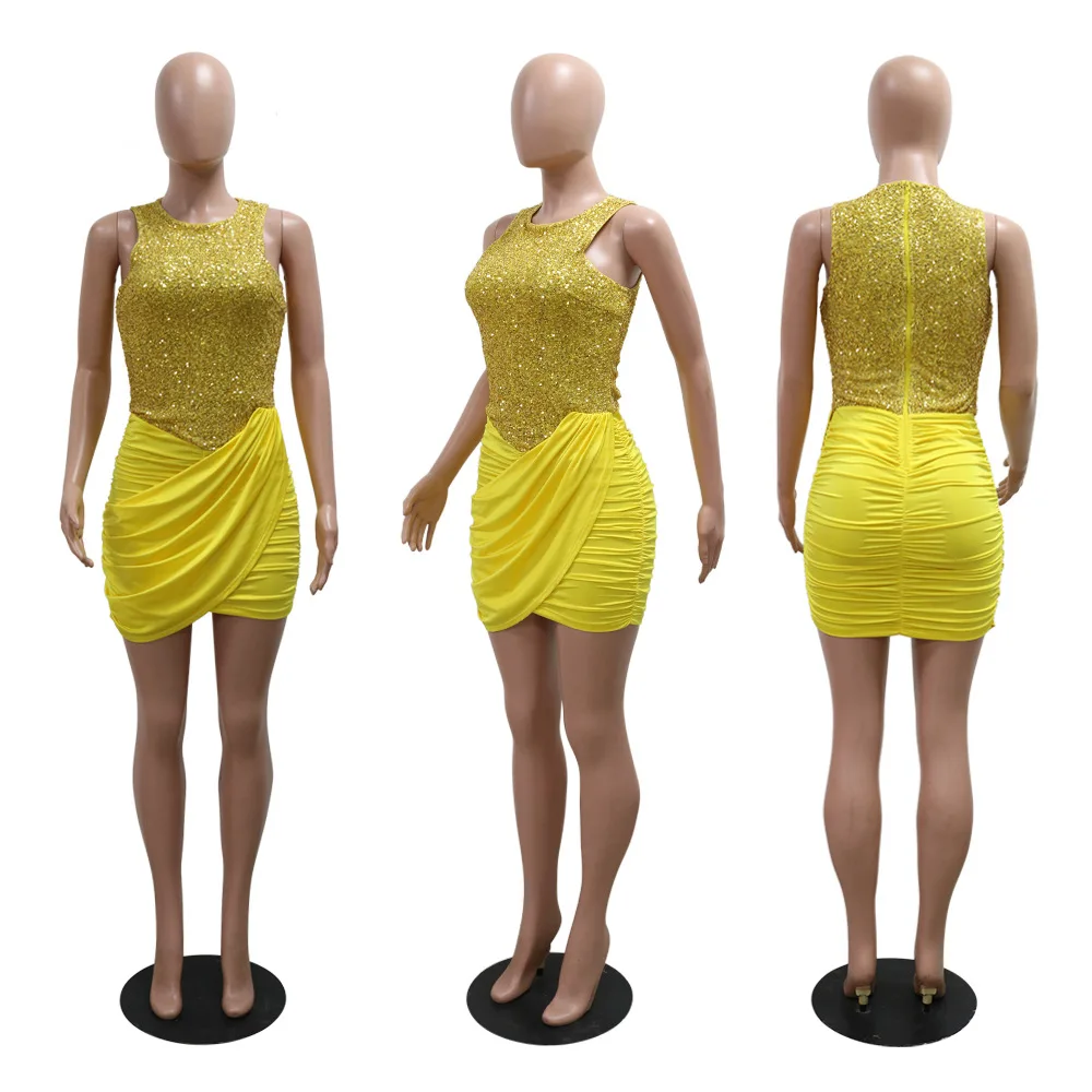 CM.YAYA 2024 Summer Sequined Sleeveless Women Dress Sexy Party Street Club O-Neck Mini Dresses Ruched Evening Bodycon Vestidos