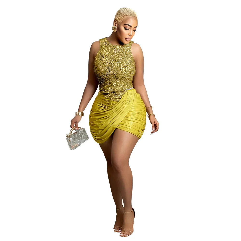 CM.YAYA 2024 Summer Sequined Sleeveless Women Dress Sexy Party Street Club O-Neck Mini Dresses Ruched Evening Bodycon Vestidos