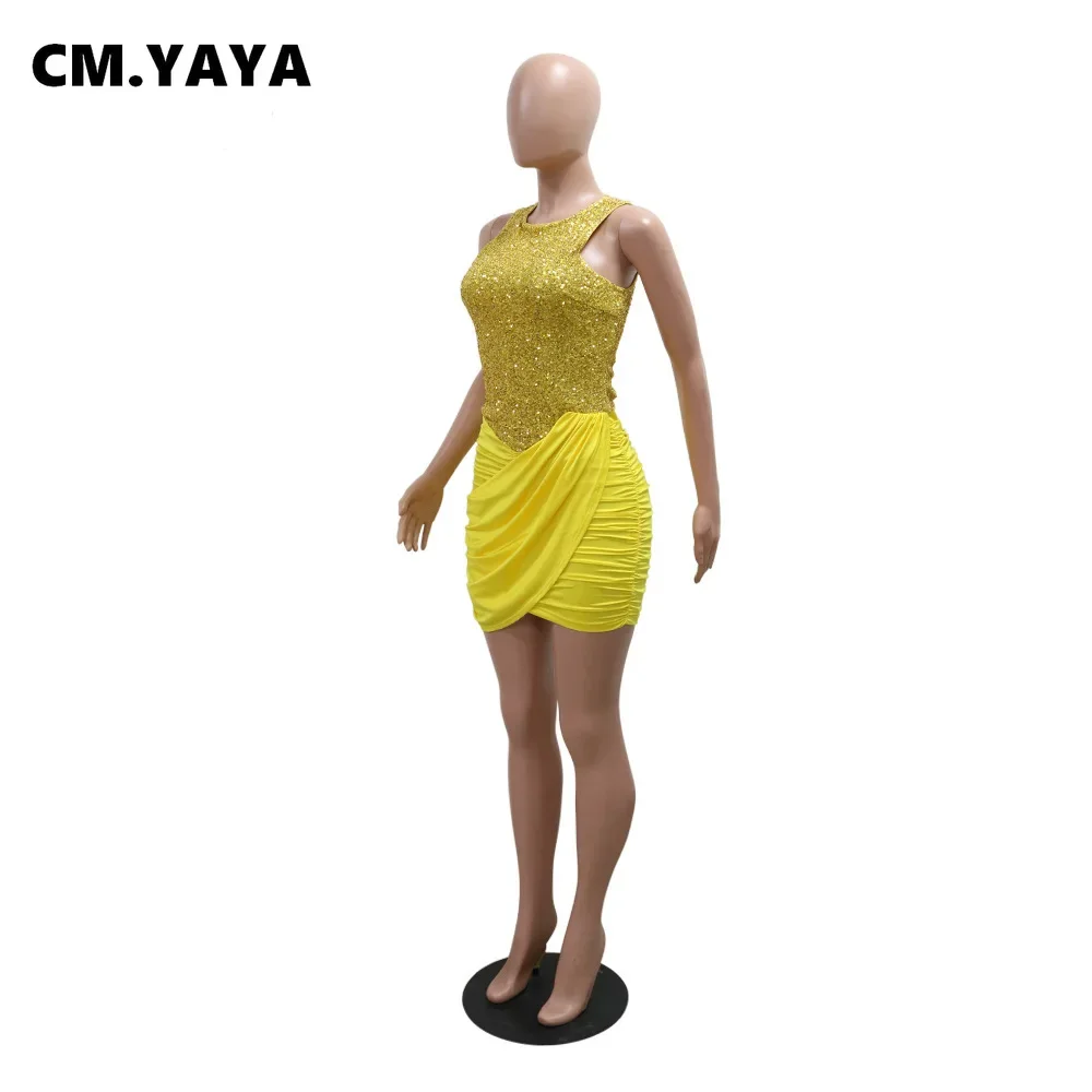 CM.YAYA 2024 Summer Sequined Sleeveless Women Dress Sexy Party Street Club O-Neck Mini Dresses Ruched Evening Bodycon Vestidos