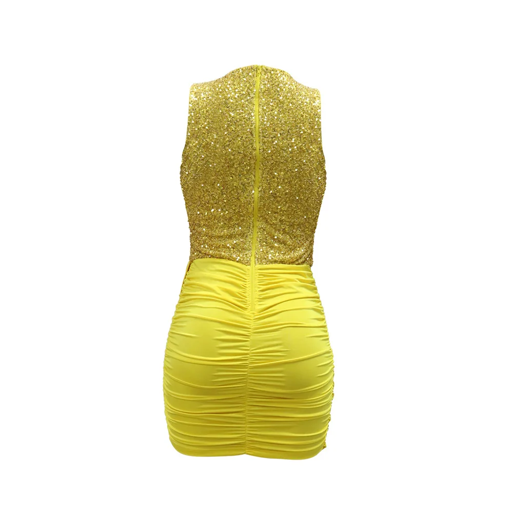 CM.YAYA 2024 Summer Sequined Sleeveless Women Dress Sexy Party Street Club O-Neck Mini Dresses Ruched Evening Bodycon Vestidos