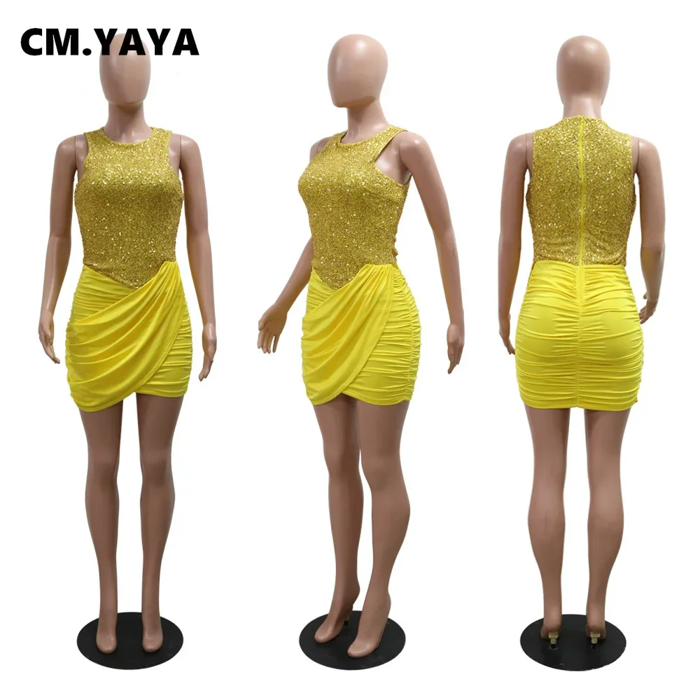 CM.YAYA 2024 Summer Sequined Sleeveless Women Dress Sexy Party Street Club O-Neck Mini Dresses Ruched Evening Bodycon Vestidos