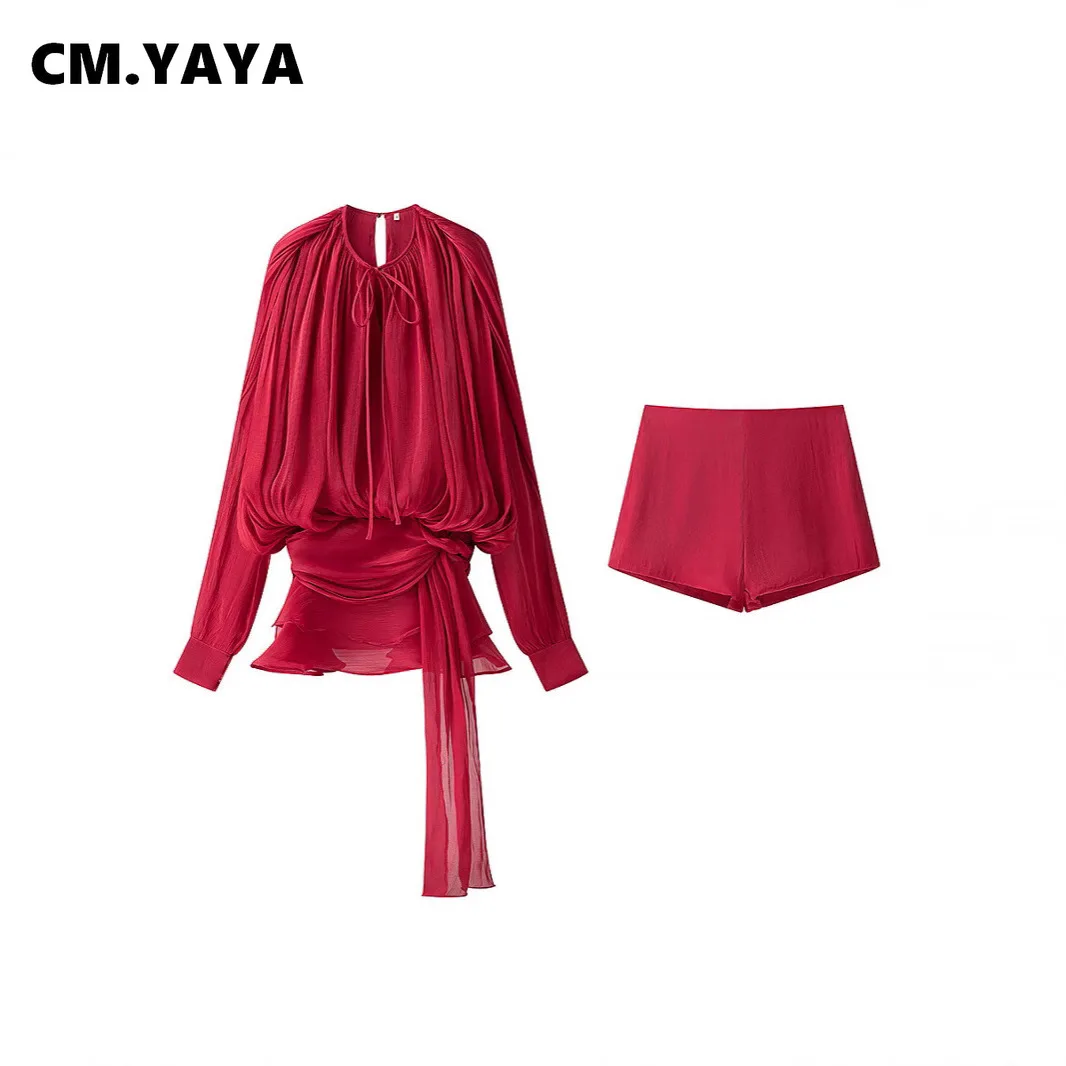 CM.YAYA Women Long Sleeve Pleated Low Waist Blouse Style Mini Dress with Shorts 2025 Birthday Beach Party Dresses Vestidos CM.YAYA Women Long Sleeve Pleated Low Waist Blouse Style Mini Dress with Shorts 2025 Birthday Beach Party Dresses Vestidos