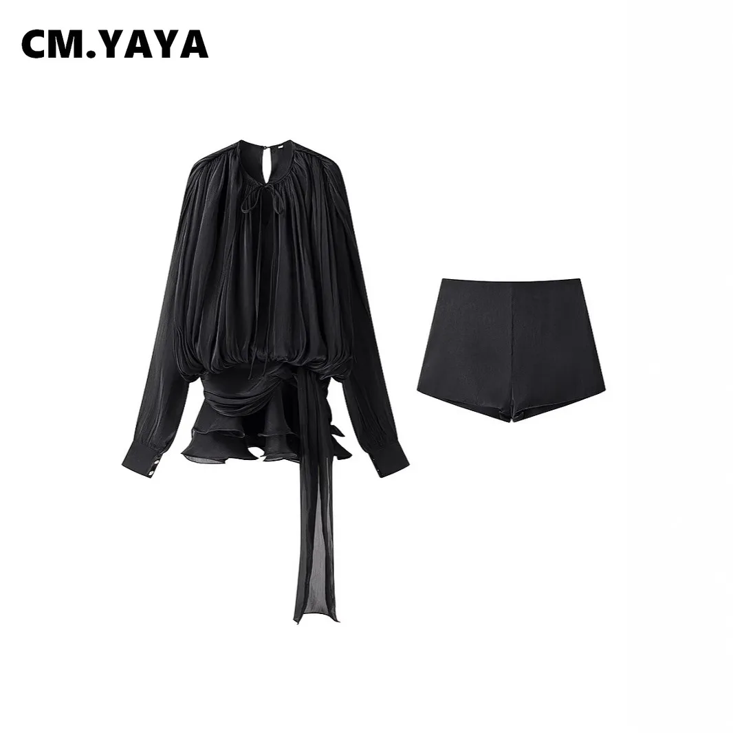 CM.YAYA Women Long Sleeve Pleated Low Waist Blouse Style Mini Dress with Shorts 2025 Birthday Beach Party Dresses Vestidos CM.YAYA Women Long Sleeve Pleated Low Waist Blouse Style Mini Dress with Shorts 2025 Birthday Beach Party Dresses Vestidos