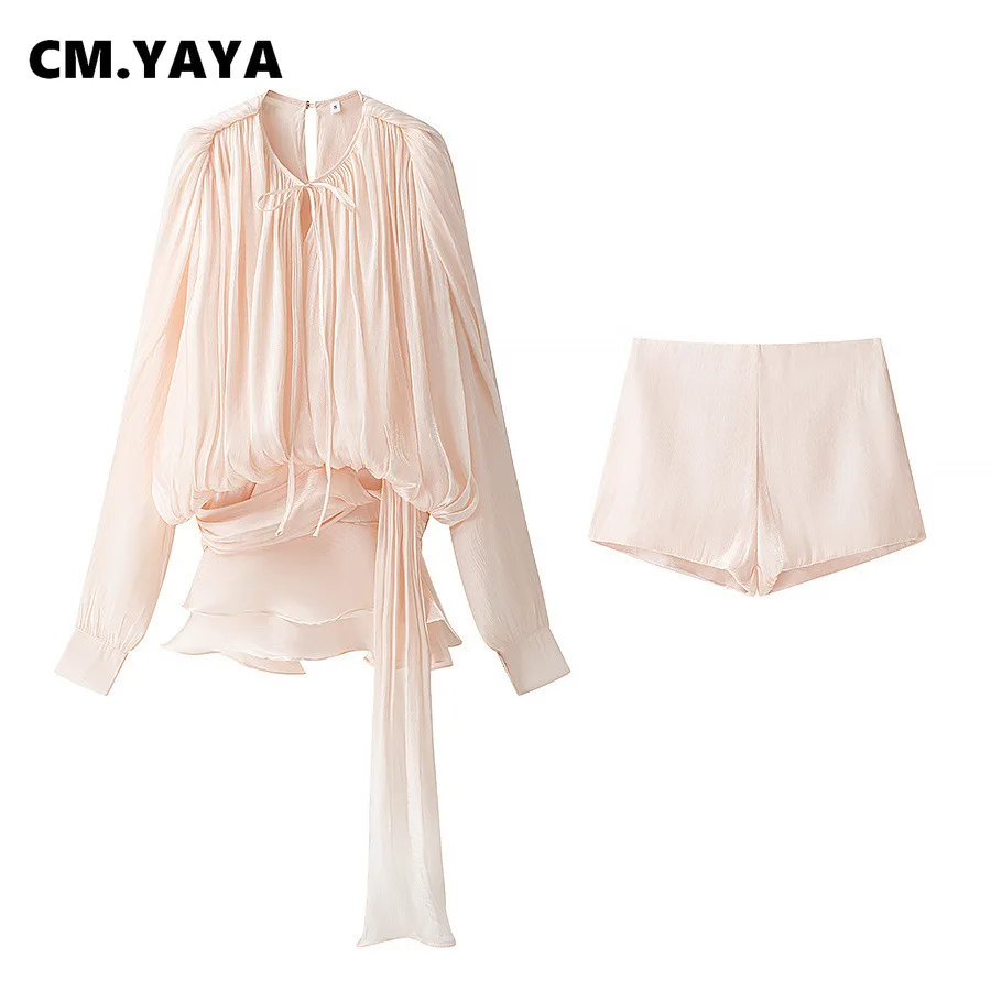 CM.YAYA Women Long Sleeve Pleated Low Waist Blouse Style Mini Dress with Shorts 2025 Birthday Beach Party Dresses Vestidos CM.YAYA Women Long Sleeve Pleated Low Waist Blouse Style Mini Dress with Shorts 2025 Birthday Beach Party Dresses Vestidos