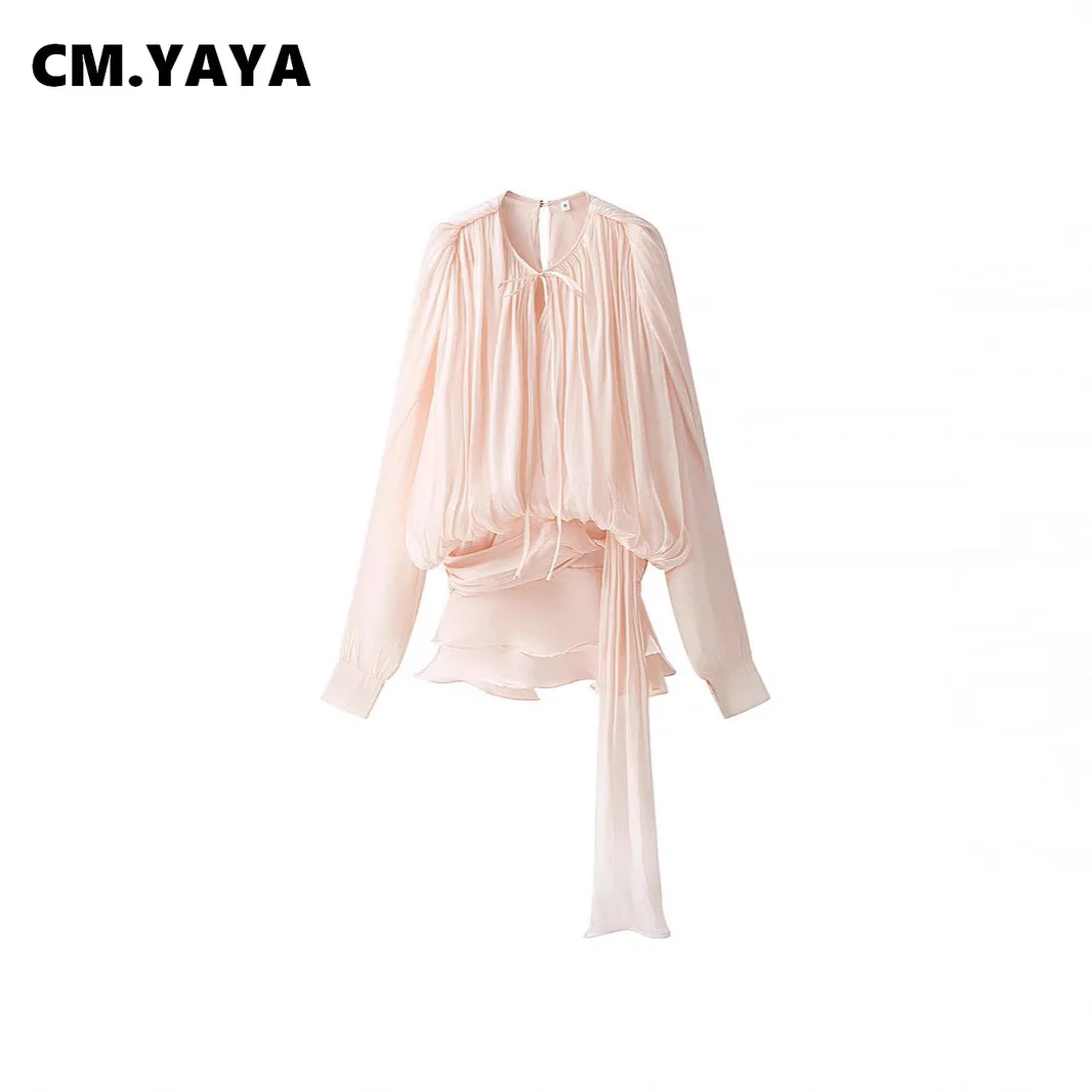 CM.YAYA Women Long Sleeve Pleated Low Waist Blouse Style Mini Dress with Shorts 2025 Birthday Beach Party Dresses Vestidos CM.YAYA Women Long Sleeve Pleated Low Waist Blouse Style Mini Dress with Shorts 2025 Birthday Beach Party Dresses Vestidos