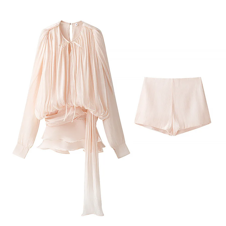 CM.YAYA Women Long Sleeve Pleated Low Waist Blouse Style Mini Dress with Shorts 2025 Birthday Beach Party Dresses Vestidos