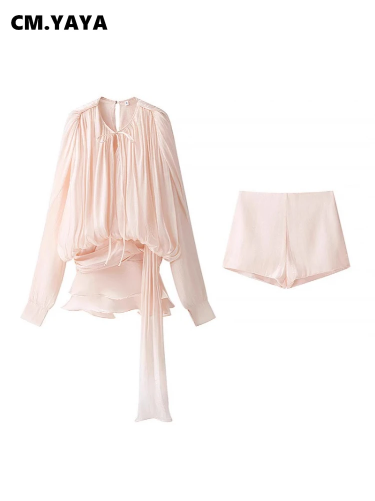 CM.YAYA Women Long Sleeve Pleated Low Waist Blouse Style Mini Dress with Shorts 2025 Birthday Beach Party Dresses Vestidos CM.YAYA Women Long Sleeve Pleated Low Waist Blouse Style Mini Dress with Shorts 2025 Birthday Beach Party Dresses Vestidos