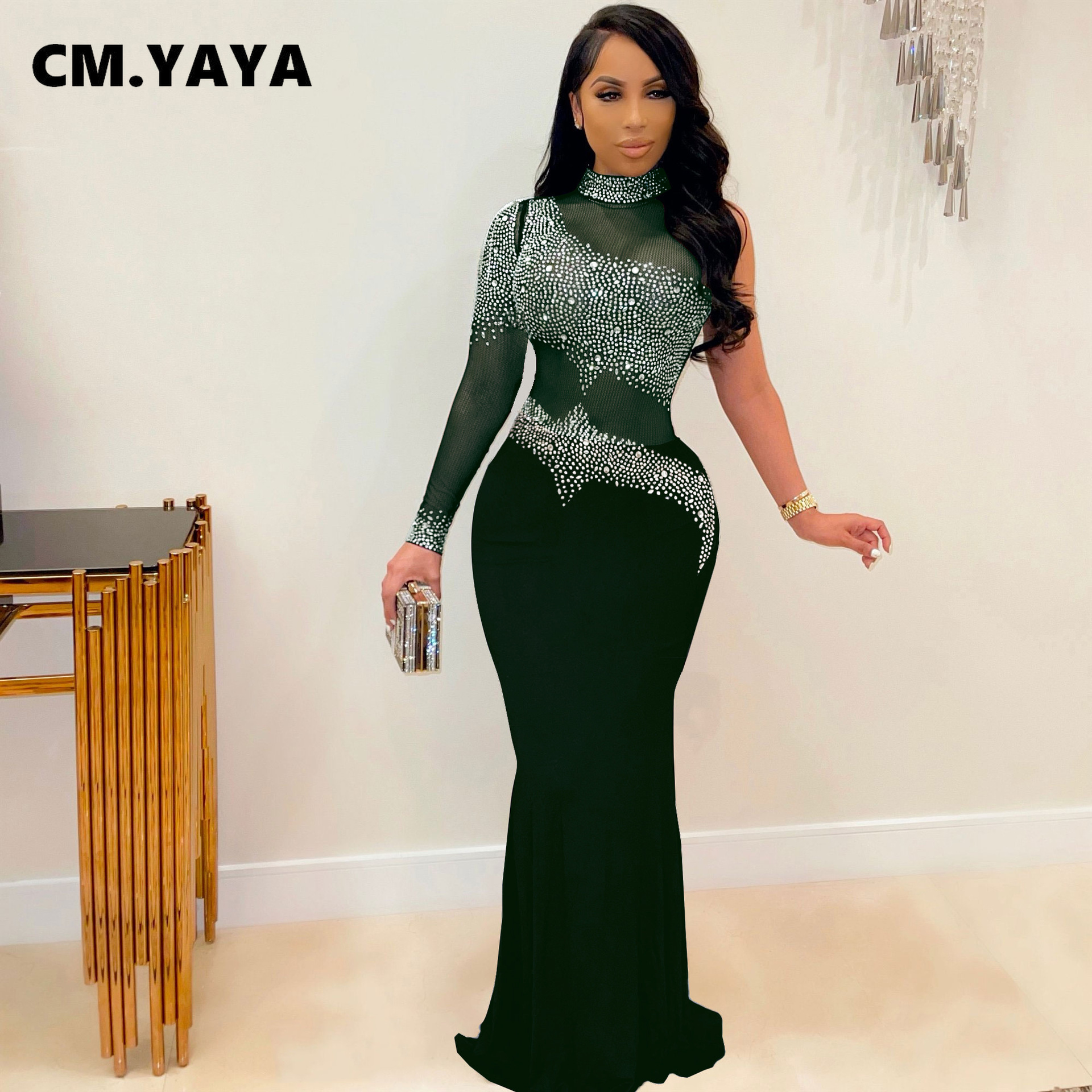 CM.YAYA Women Diamonds Hot Rhinestones Bodycon Midi Maxi Mermaid Dress Elegant Sexy Party Club One Long Sleeve Long Dresses