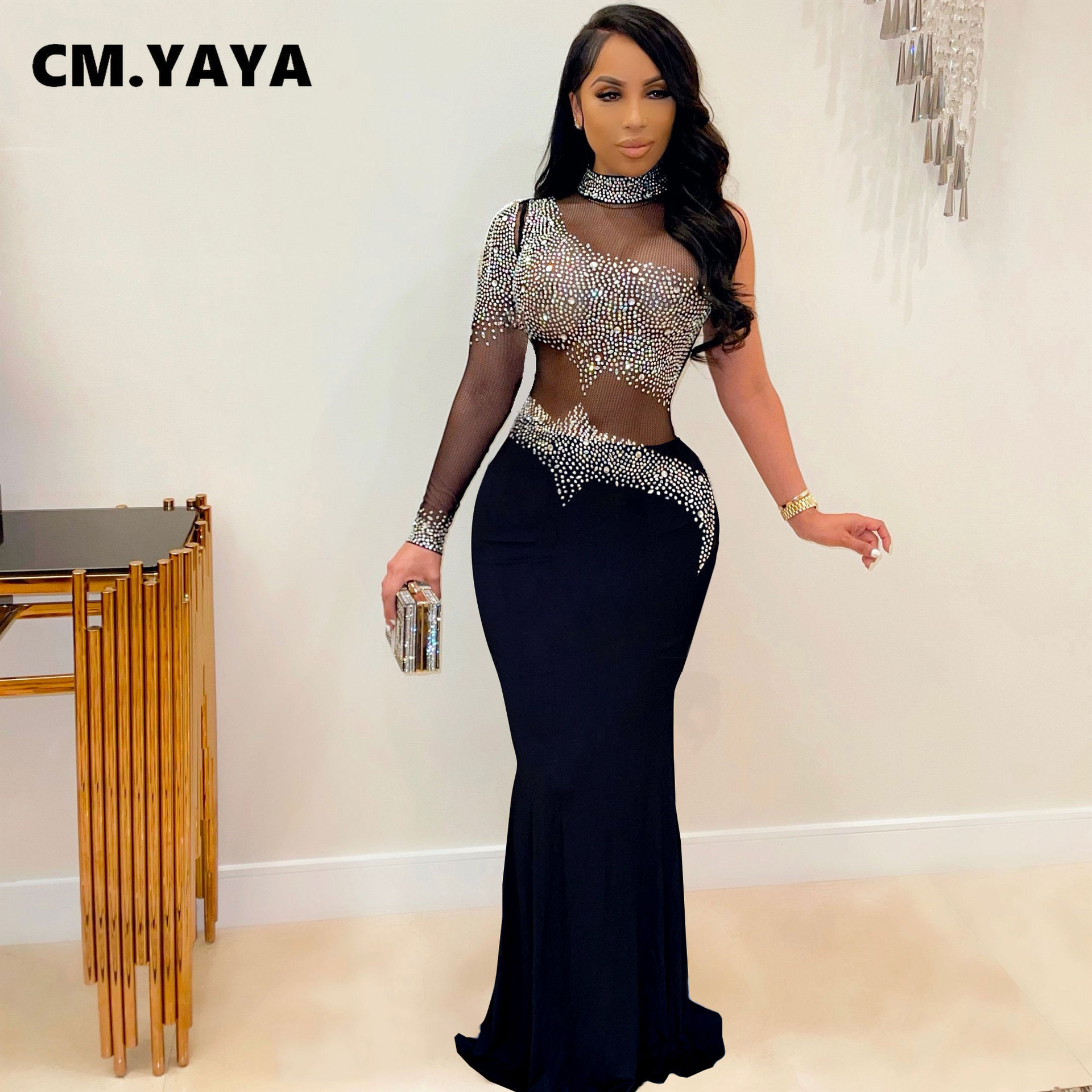 CM.YAYA Women Diamonds Hot Rhinestones Bodycon Midi Maxi Mermaid Dress Elegant Sexy Party Club One Long Sleeve Long Dresses